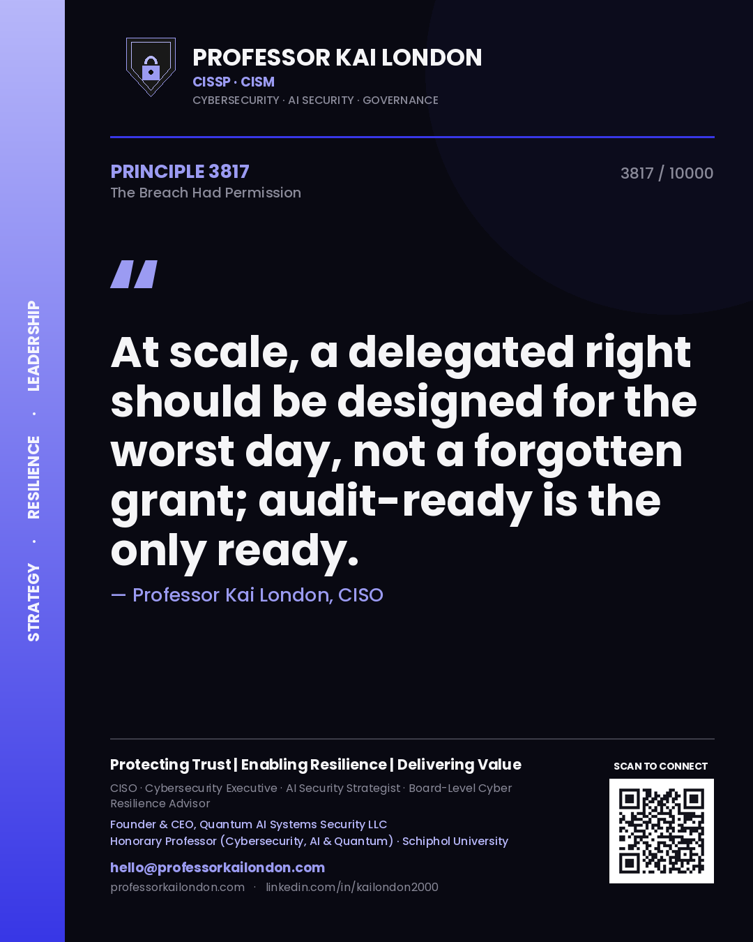 Quote card by Professor Kai London reading 'At scale, a delegated right should be designed for the worst day, not a forgotten grant; audit-ready is the only ready.'. From the book The Breach Had Permission.