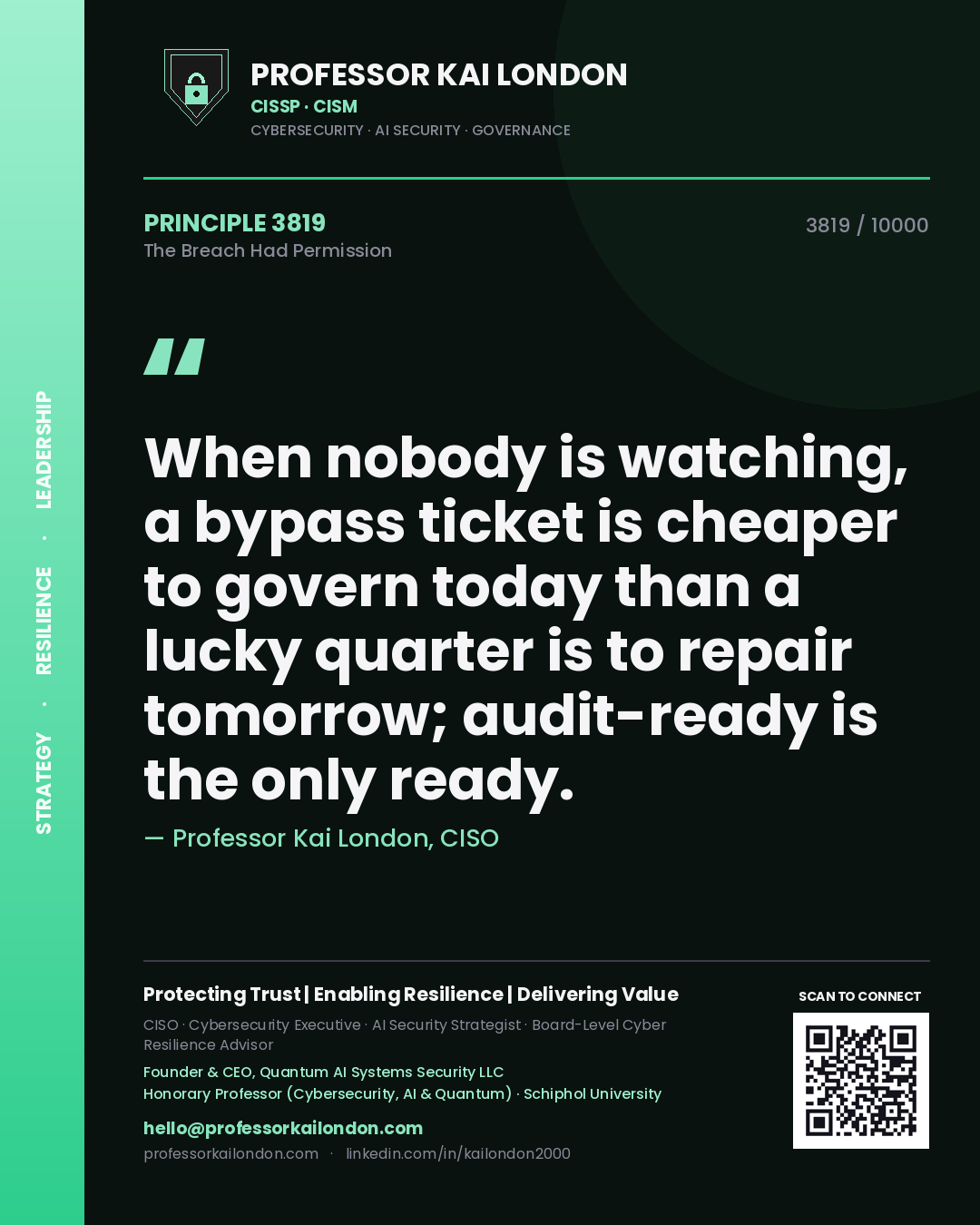 Professor Kai London principle 3819: When nobody is watching, a bypass ticket is cheaper to govern today than a lucky quarter is to repair tomorrow; audit-ready is the only ready.