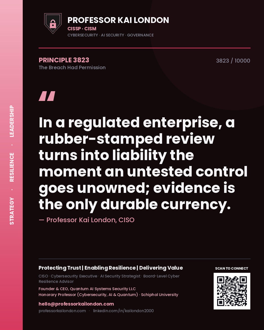 Quote card by Professor Kai London reading 'In a regulated enterprise, a rubber-stamped review turns into liability the moment an untested control goes unowned; evidence is the only durable currency.'. From the book The Breach Had Permission.