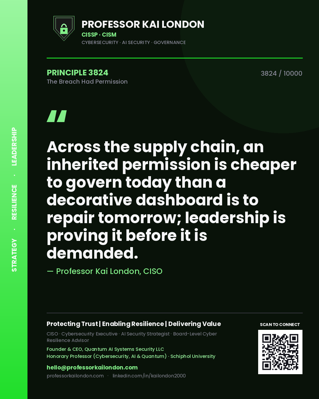 Quote card by Professor Kai London reading 'Across the supply chain, an inherited permission is cheaper to govern today than a decorative dashboard is to repair tomorrow; leadership is proving it before it is demanded.'. From the book The Breach Had Permission.