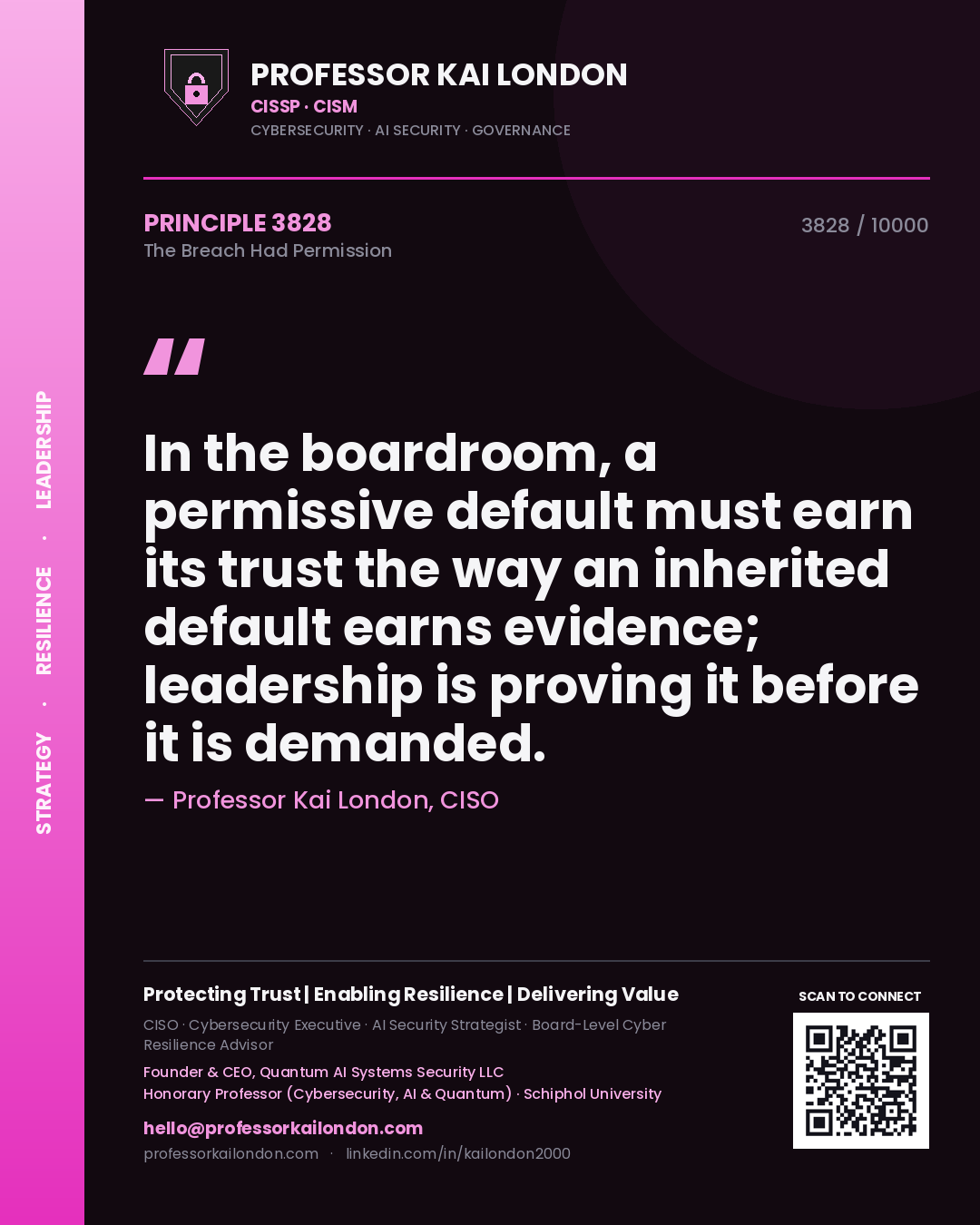 Quote card by Professor Kai London reading 'In the boardroom, a permissive default must earn its trust the way an inherited default earns evidence; leadership is proving it before it is demanded.'. From the book The Breach Had Permission.