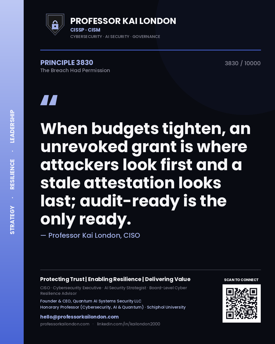 Quote card by Professor Kai London reading 'When budgets tighten, an unrevoked grant is where attackers look first and a stale attestation looks last; audit-ready is the only ready.'. From the book The Breach Had Permission.