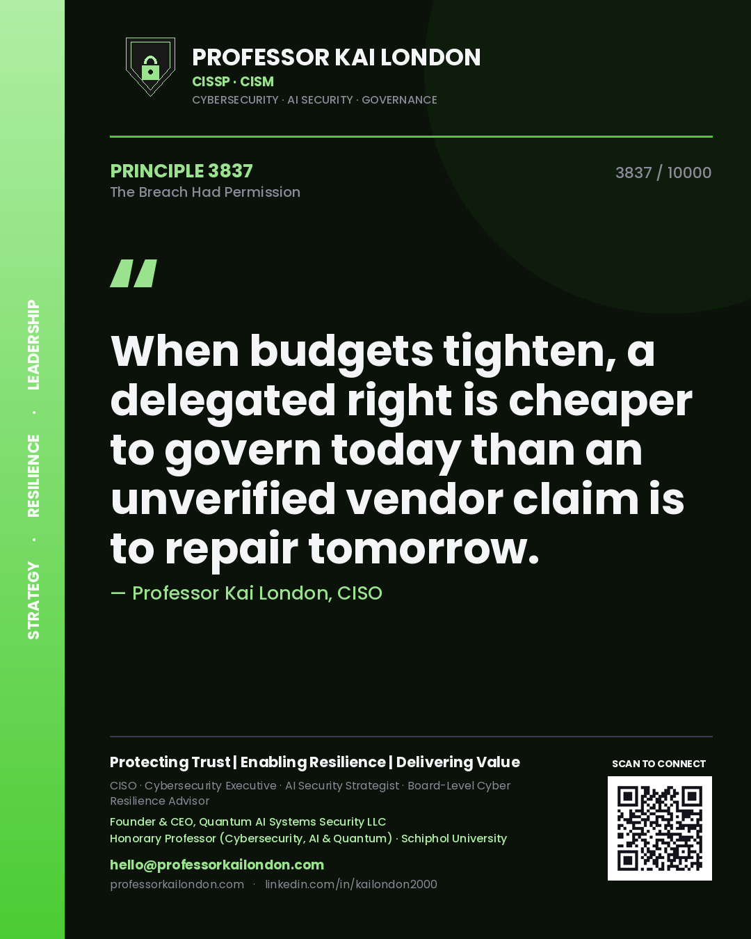 Professor Kai London principle 3837: When budgets tighten, a delegated right is cheaper to govern today than an unverified vendor claim is to repair tomorrow.