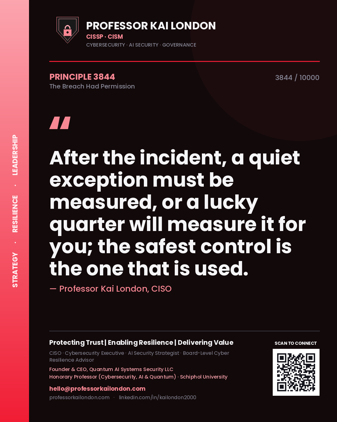 Quote card by Professor Kai London reading 'After the incident, a quiet exception must be measured, or a lucky quarter will measure it for you; the safest control is the one that is used.'. From the book The Breach Had Permission.