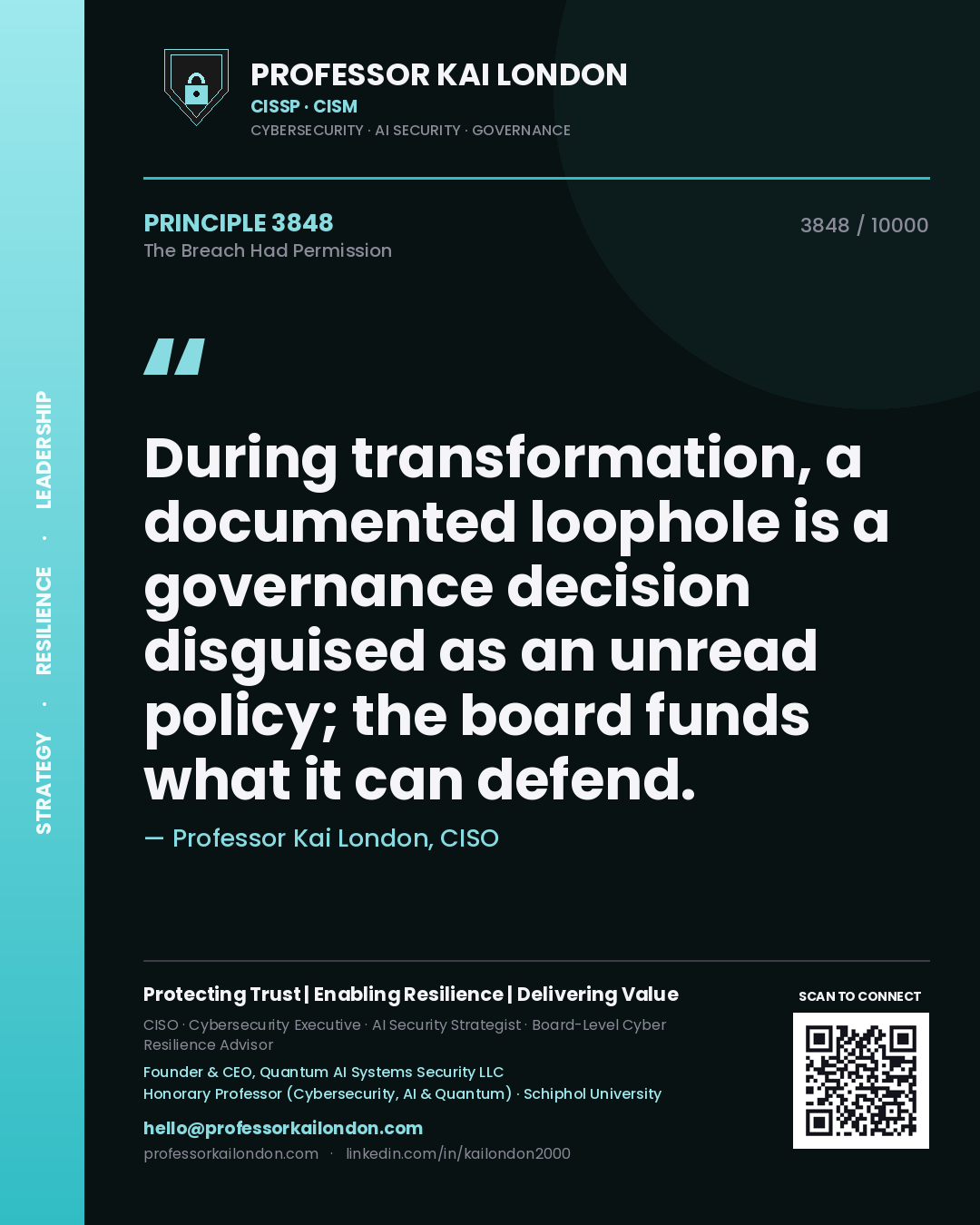 Quote card by Professor Kai London reading 'During transformation, a documented loophole is a governance decision disguised as an unread policy; the board funds what it can defend.'. From the book The Breach Had Permission.