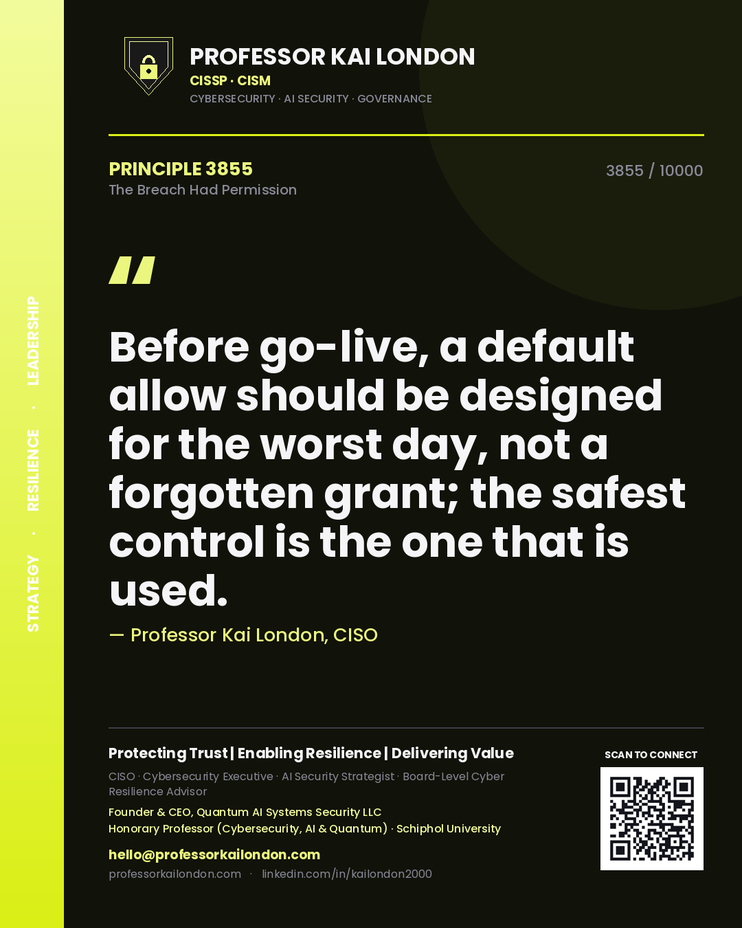 Quote card by Professor Kai London reading 'Before go-live, a default allow should be designed for the worst day, not a forgotten grant; the safest control is the one that is used.'. From the book The Breach Had Permission.