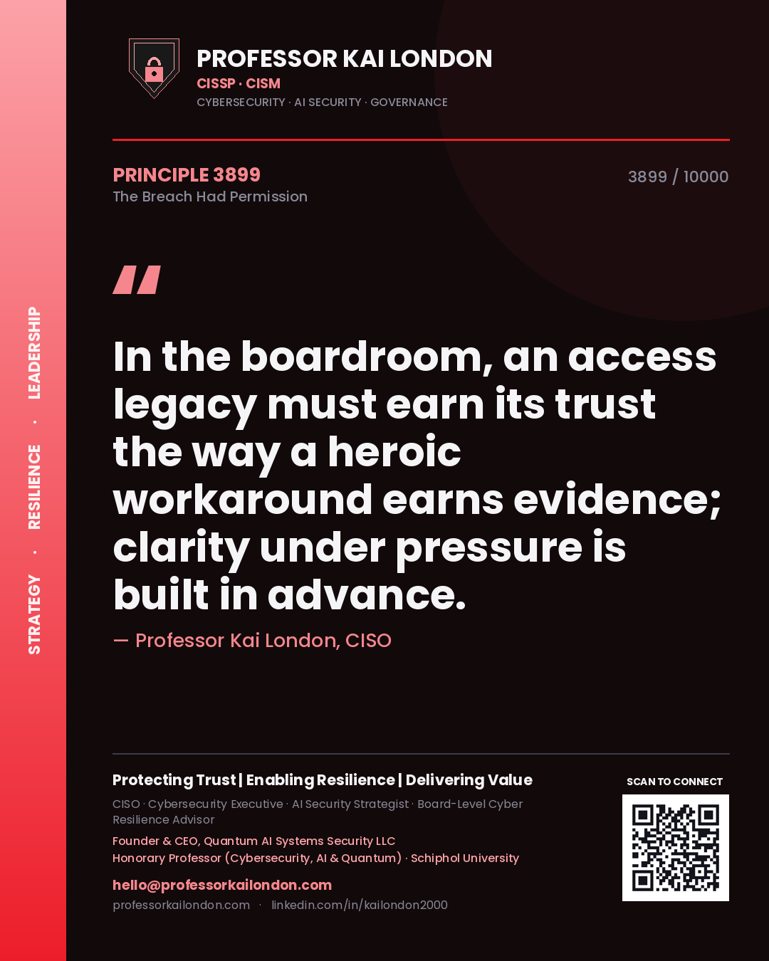 Quote card by Professor Kai London reading 'In the boardroom, an access legacy must earn its trust the way a heroic workaround earns evidence; clarity under pressure is built in advance.'. From the book The Breach Had Permission.