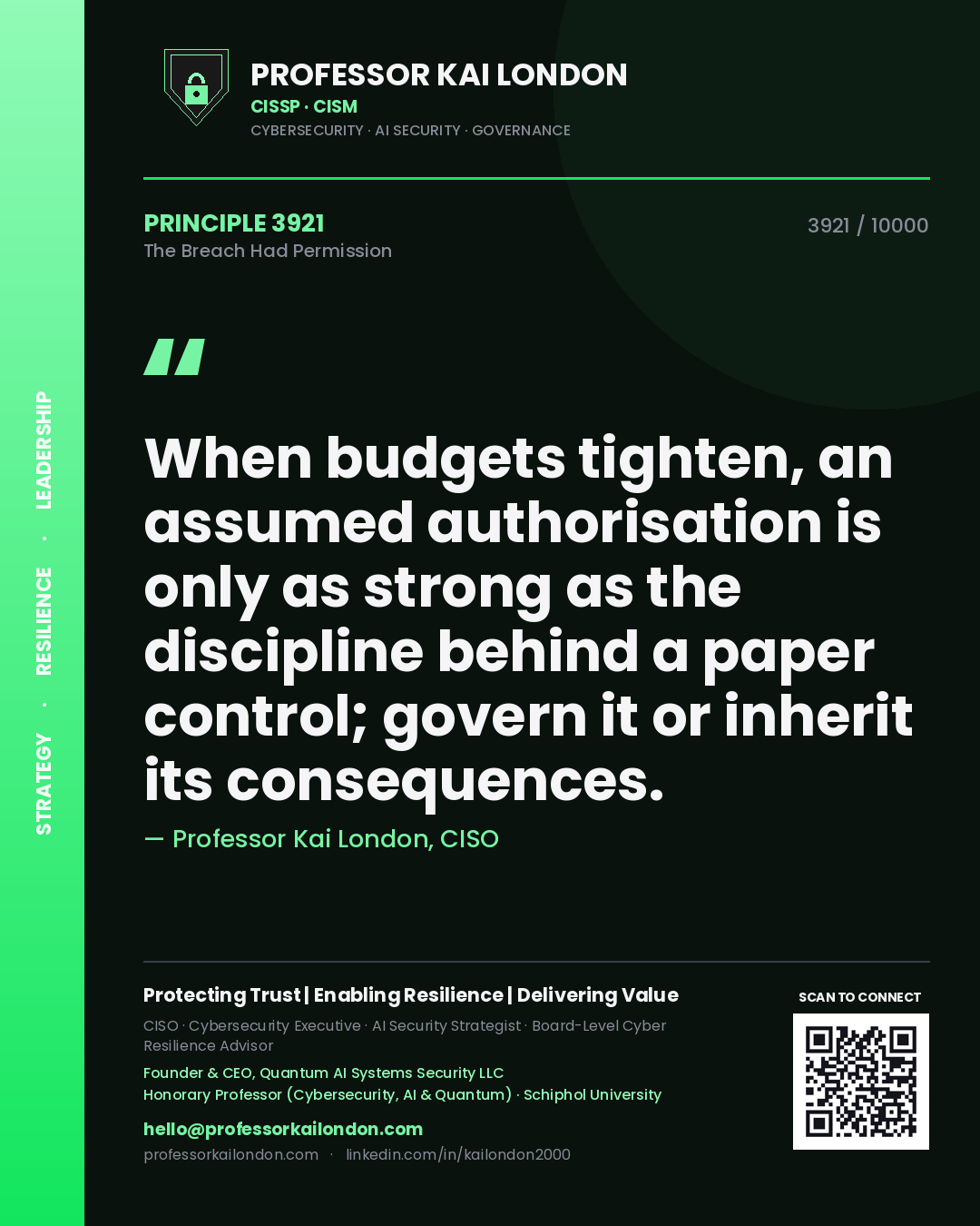 Quote card by Professor Kai London reading 'When budgets tighten, an assumed authorisation is only as strong as the discipline behind a paper control; govern it or inherit its consequences.'. From the book The Breach Had Permission.