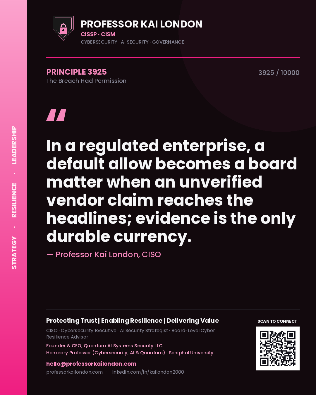 Quote card by Professor Kai London reading 'In a regulated enterprise, a default allow becomes a board matter when an unverified vendor claim reaches the headlines; evidence is the only durable currency.'. From the book The Breach Had Permission.