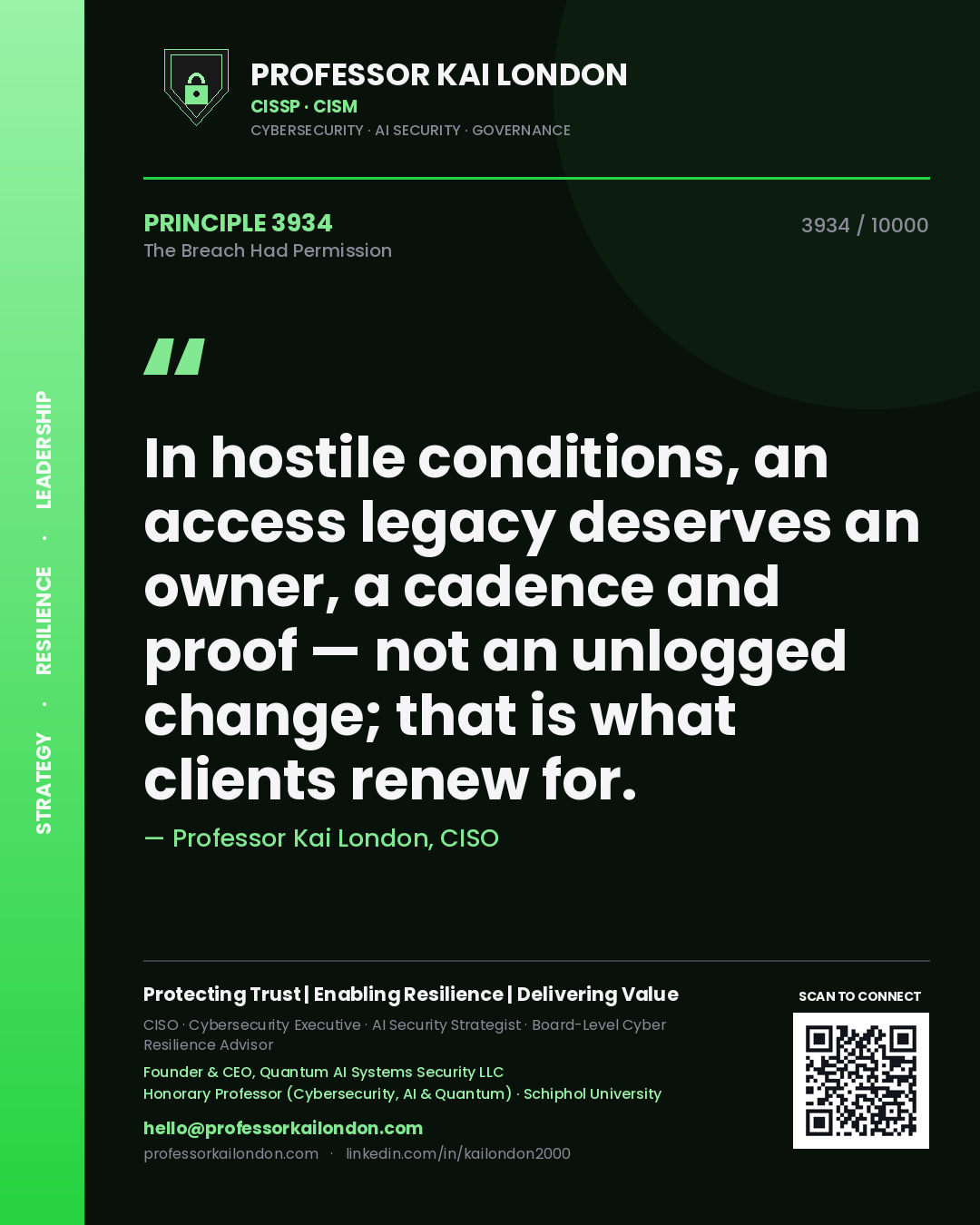 Professor Kai London principle 3934: In hostile conditions, an access legacy deserves an owner, a cadence and proof — not an unlogged change; that is what clients renew for.