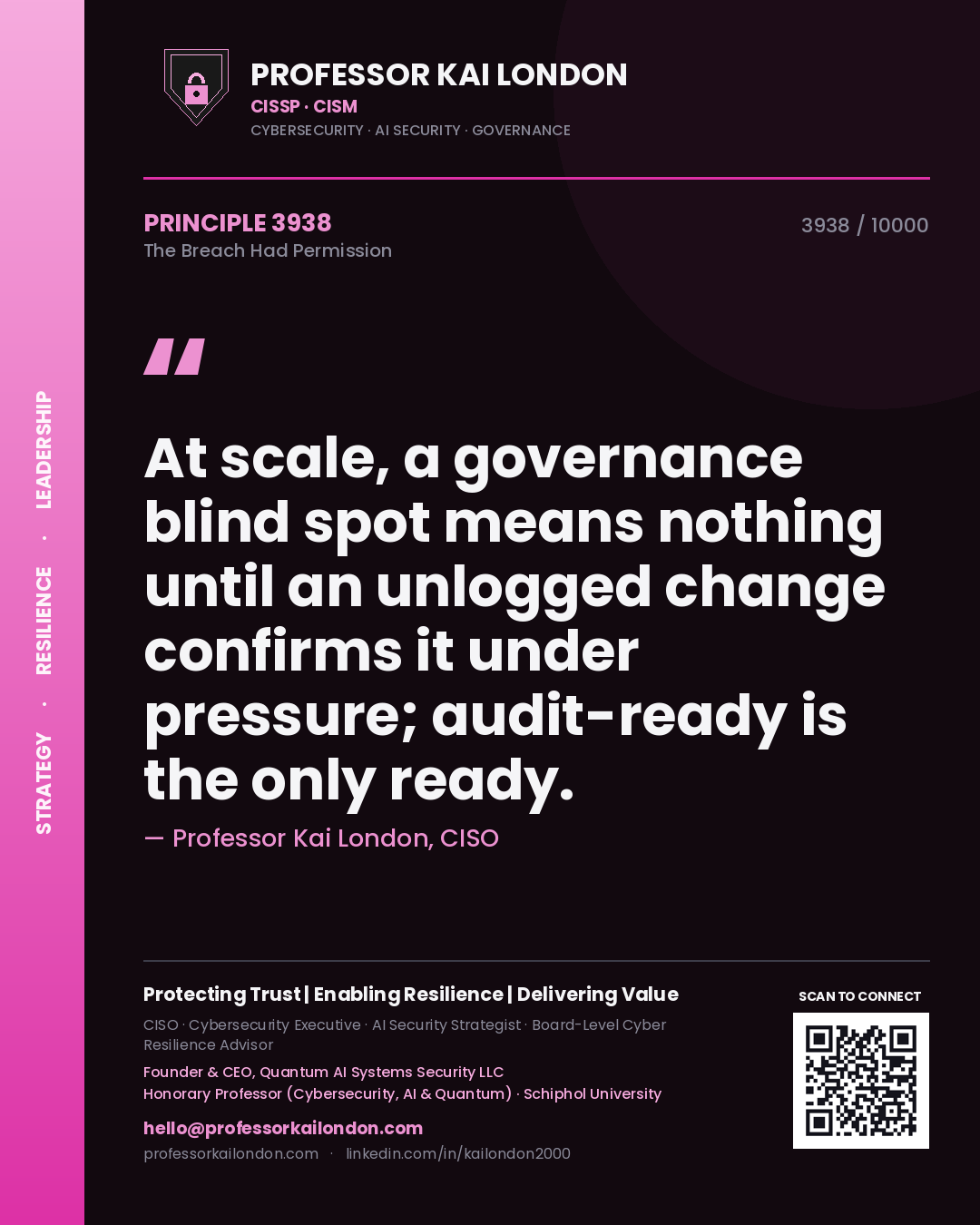 Professor Kai London principle 3938: At scale, a governance blind spot means nothing until an unlogged change confirms it under pressure; audit-ready is the only ready.