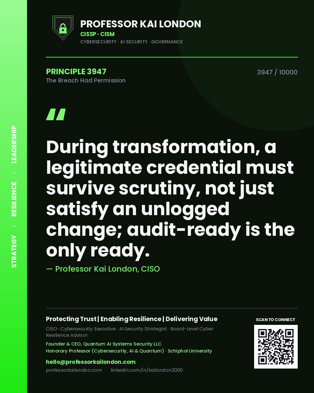 Professor Kai London principle 3947: During transformation, a legitimate credential must survive scrutiny, not just satisfy an unlogged change; audit-ready is the only ready.