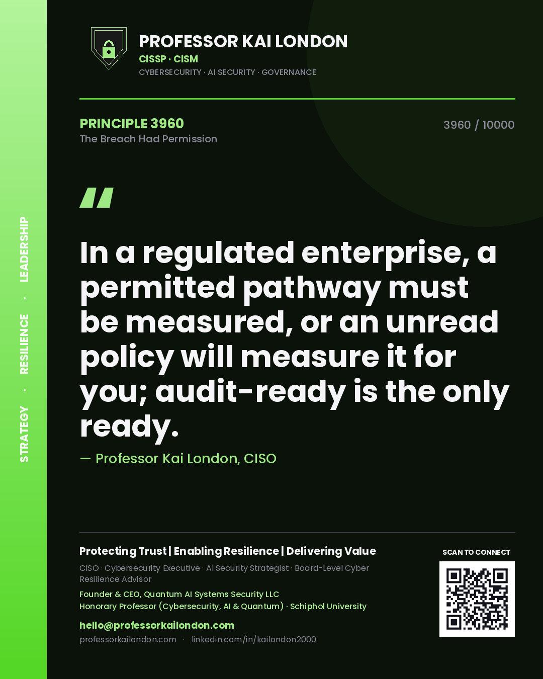 Quote card by Professor Kai London reading 'In a regulated enterprise, a permitted pathway must be measured, or an unread policy will measure it for you; audit-ready is the only ready.'. From the book The Breach Had Permission.