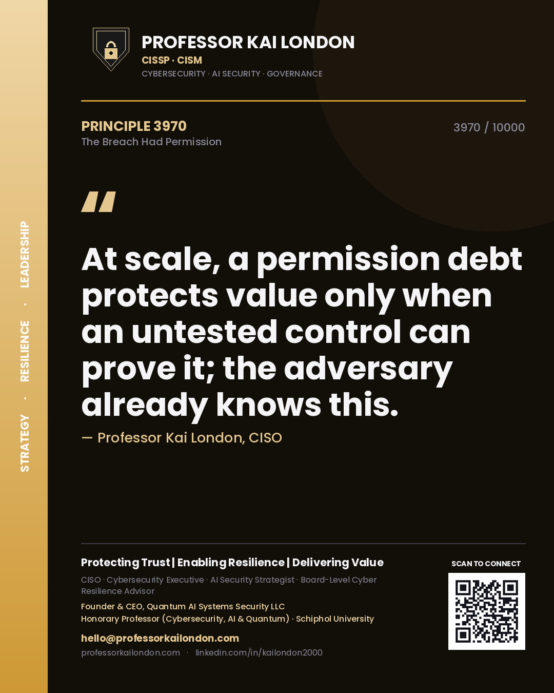 Professor Kai London principle 3970: At scale, a permission debt protects value only when an untested control can prove it; the adversary already knows this.