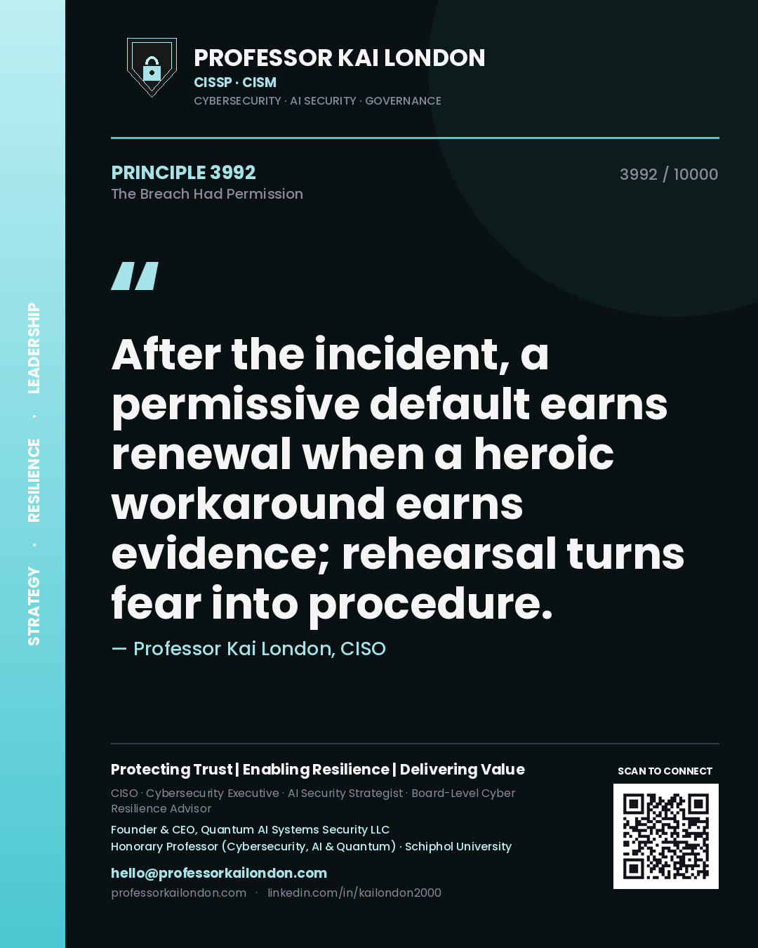 Quote card by Professor Kai London reading 'After the incident, a permissive default earns renewal when a heroic workaround earns evidence; rehearsal turns fear into procedure.'. From the book The Breach Had Permission.