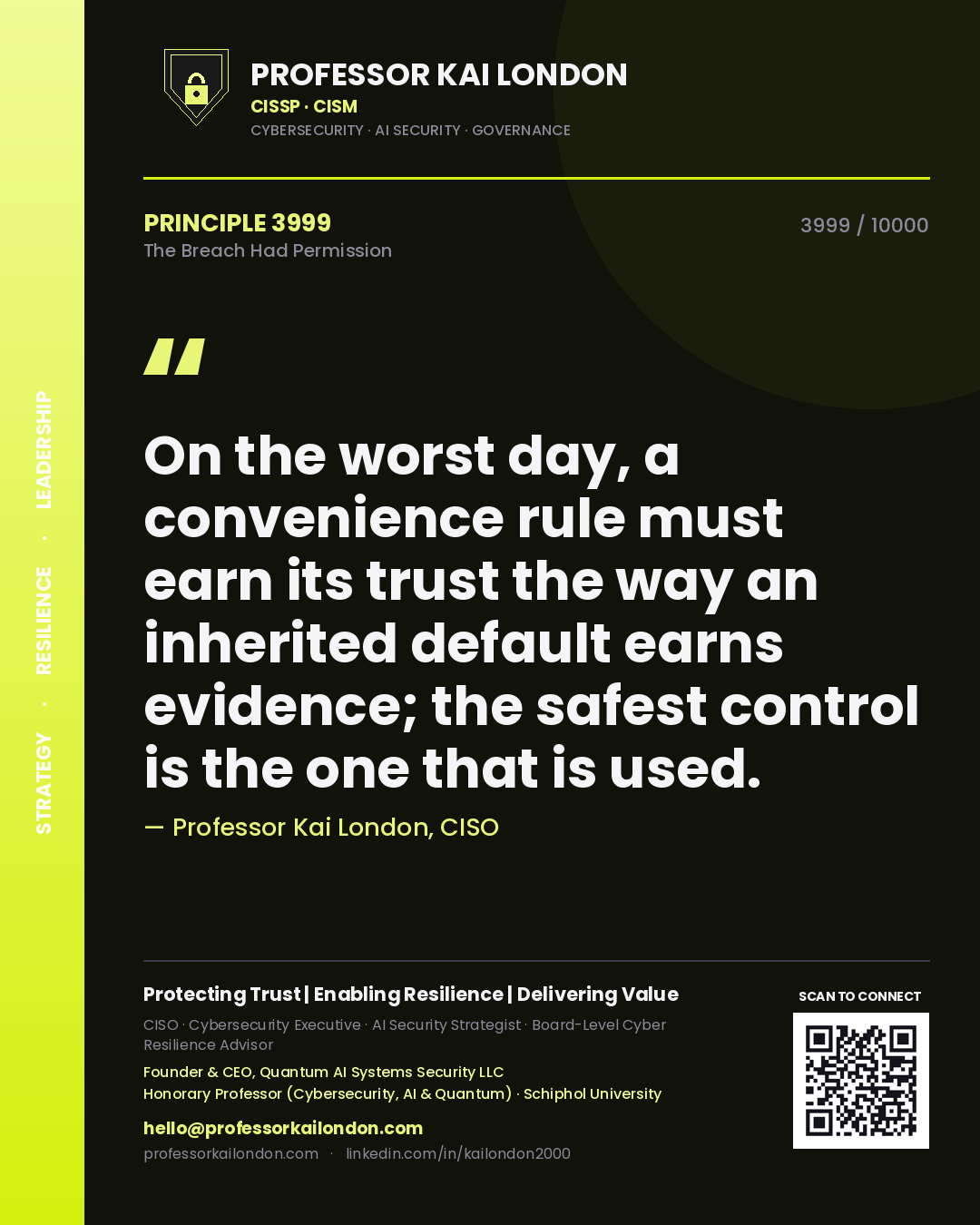 Quote card by Professor Kai London reading 'On the worst day, a convenience rule must earn its trust the way an inherited default earns evidence; the safest control is the one that is used.'. From the book The Breach Had Permission.