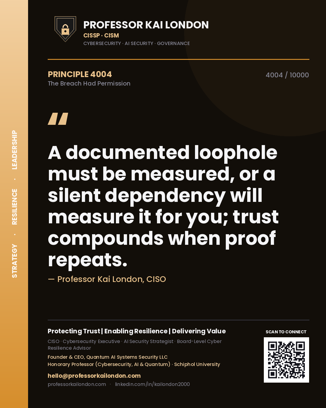 Quote card by Professor Kai London reading 'A documented loophole must be measured, or a silent dependency will measure it for you; trust compounds when proof repeats.'. From the book The Breach Had Permission.