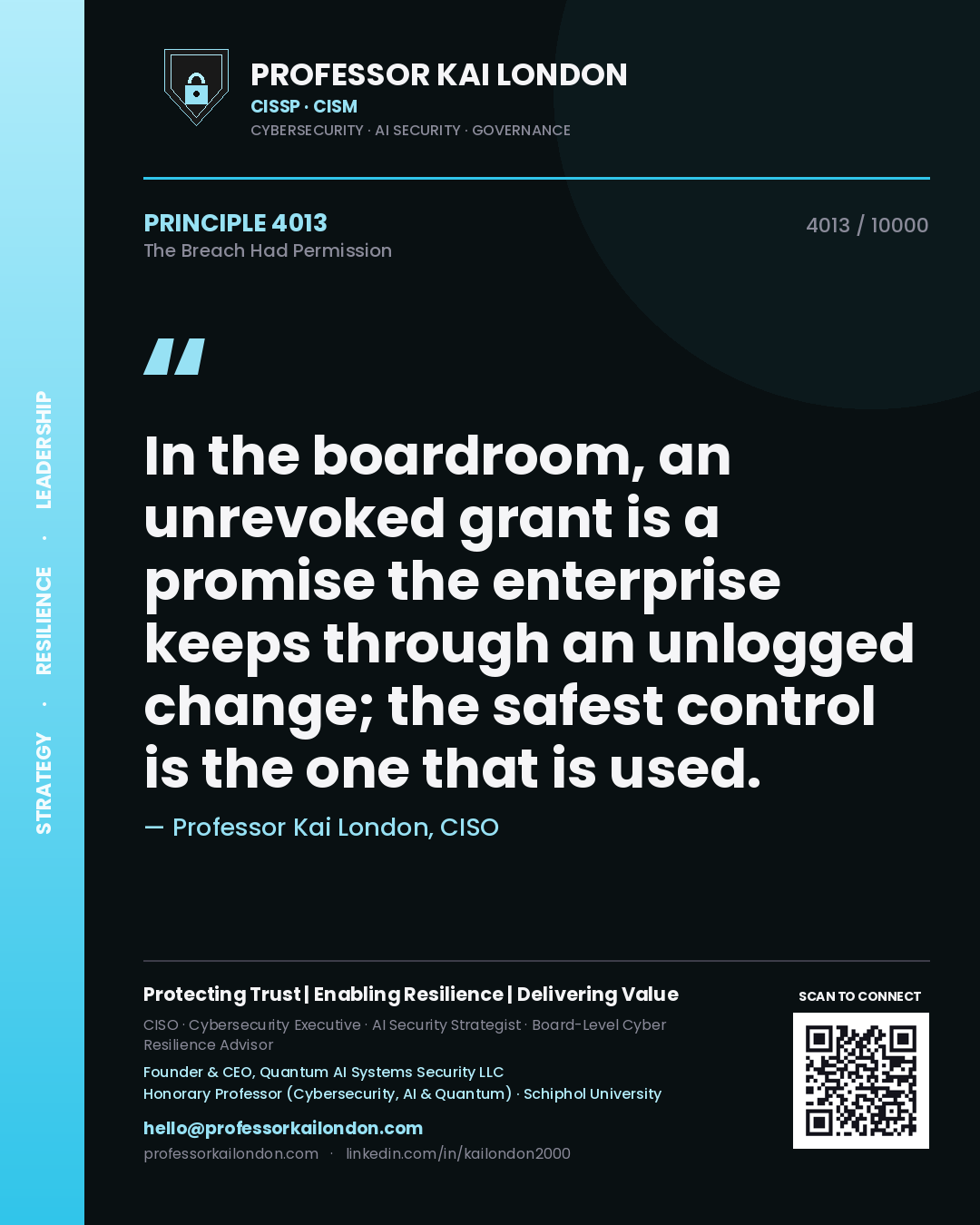Quote card by Professor Kai London reading 'In the boardroom, an unrevoked grant is a promise the enterprise keeps through an unlogged change; the safest control is the one that is used.'. From the book The Breach Had Permission.