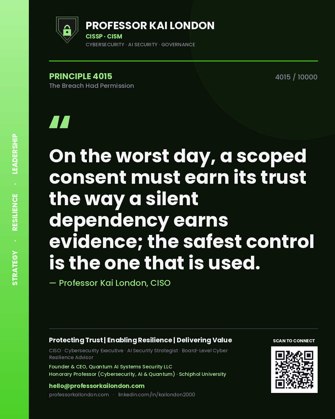 Quote card by Professor Kai London reading 'On the worst day, a scoped consent must earn its trust the way a silent dependency earns evidence; the safest control is the one that is used.'. From the book The Breach Had Permission.