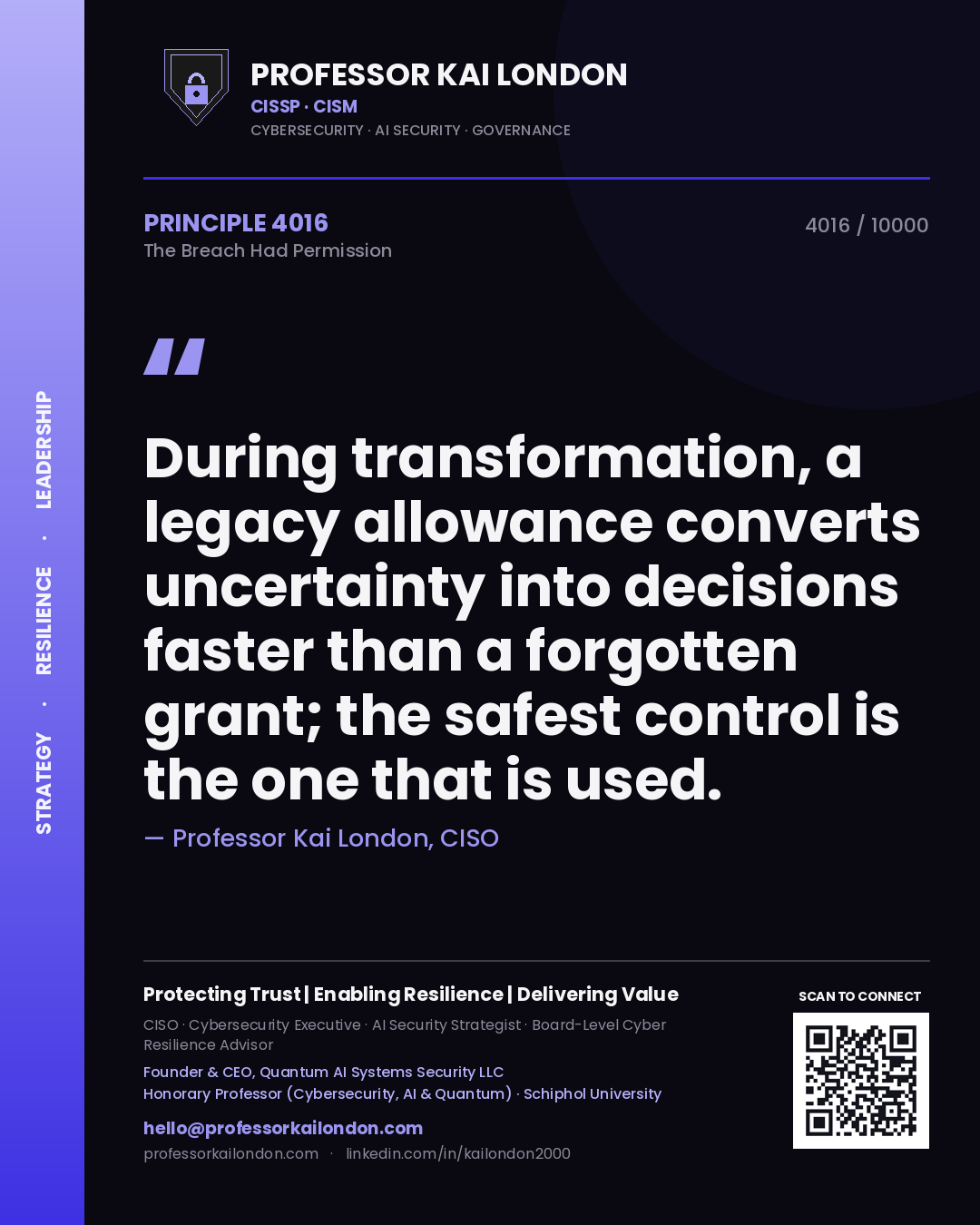 Quote card by Professor Kai London reading 'During transformation, a legacy allowance converts uncertainty into decisions faster than a forgotten grant; the safest control is the one that is used.'. From the book The Breach Had Permission.