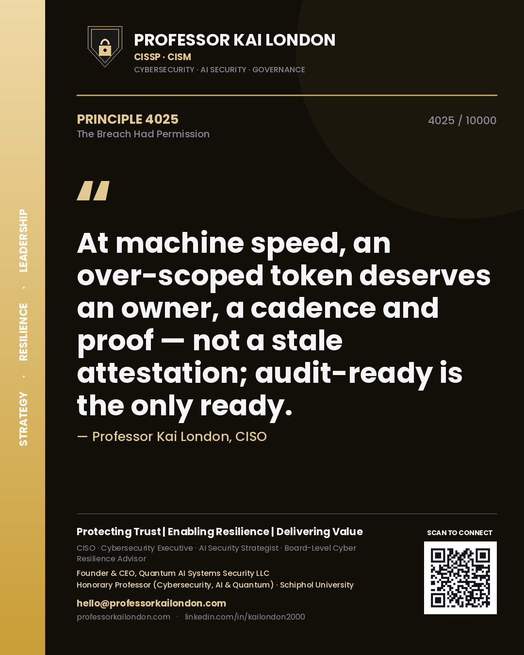 Quote card by Professor Kai London reading 'At machine speed, an over-scoped token deserves an owner, a cadence and proof — not a stale attestation; audit-ready is the only ready.'. From the book The Breach Had Permission.