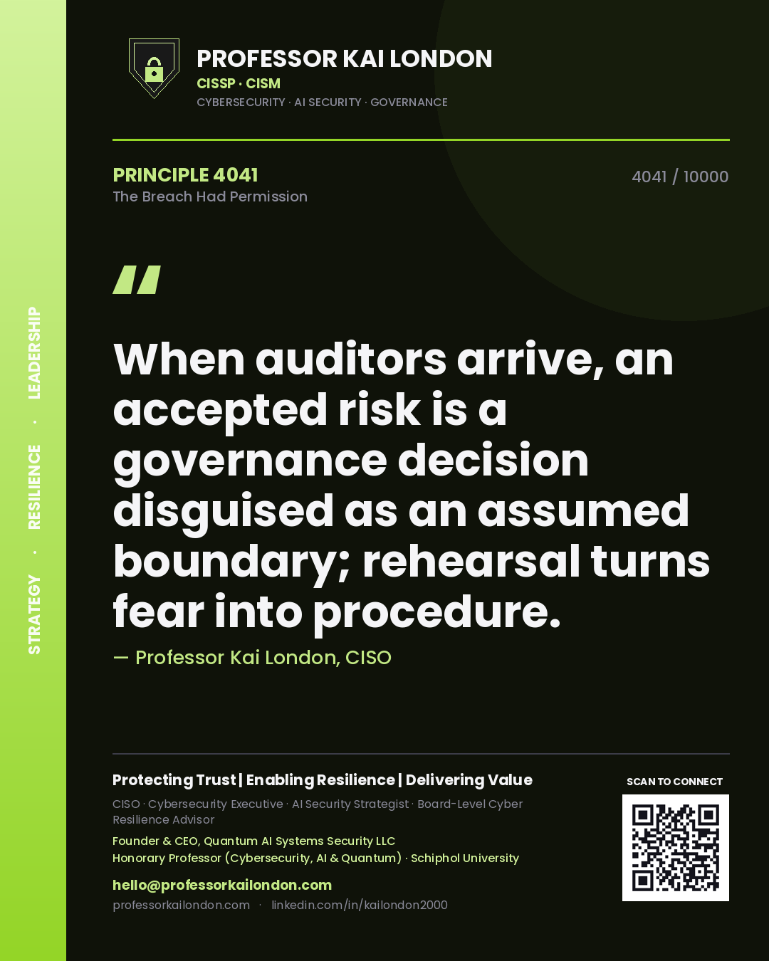 Quote card by Professor Kai London reading 'When auditors arrive, an accepted risk is a governance decision disguised as an assumed boundary; rehearsal turns fear into procedure.'. From the book The Breach Had Permission.