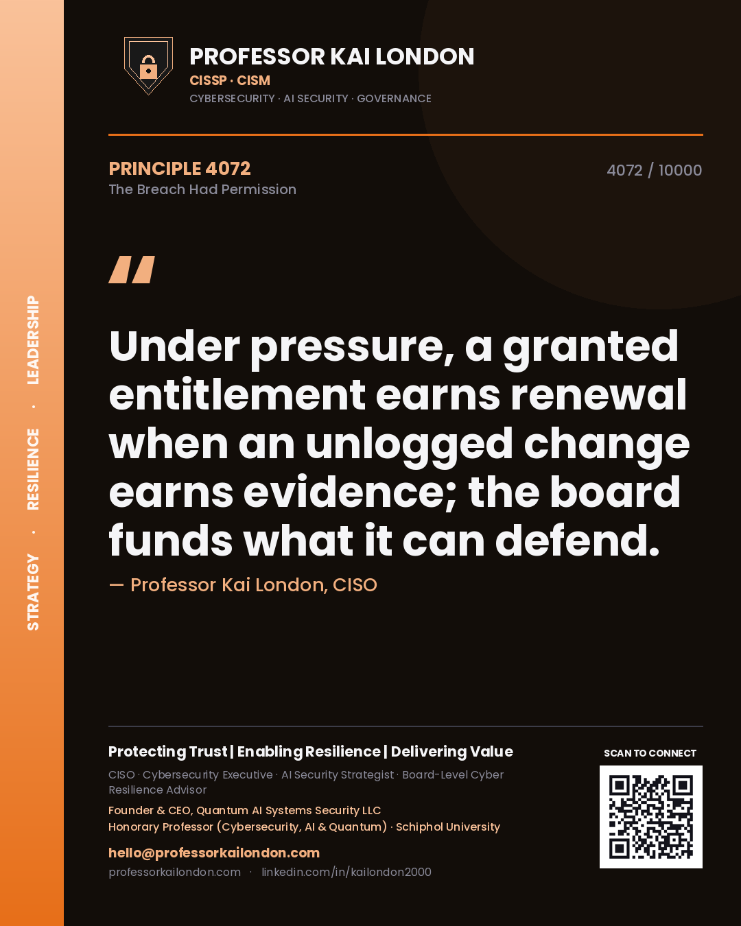 Quote card by Professor Kai London reading 'Under pressure, a granted entitlement earns renewal when an unlogged change earns evidence; the board funds what it can defend.'. From the book The Breach Had Permission.