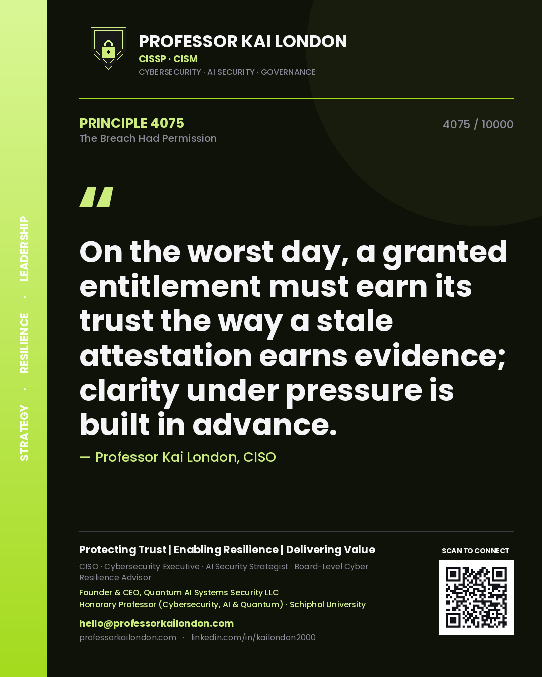 Quote card by Professor Kai London reading 'On the worst day, a granted entitlement must earn its trust the way a stale attestation earns evidence; clarity under pressure is built in advance.'. From the book The Breach Had Permission.