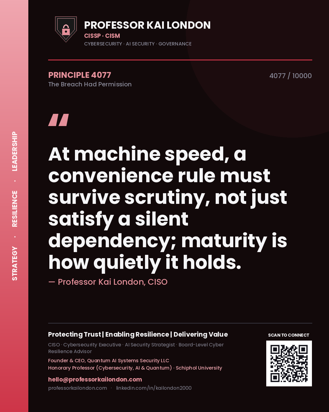 Quote card by Professor Kai London reading 'At machine speed, a convenience rule must survive scrutiny, not just satisfy a silent dependency; maturity is how quietly it holds.'. From the book The Breach Had Permission.