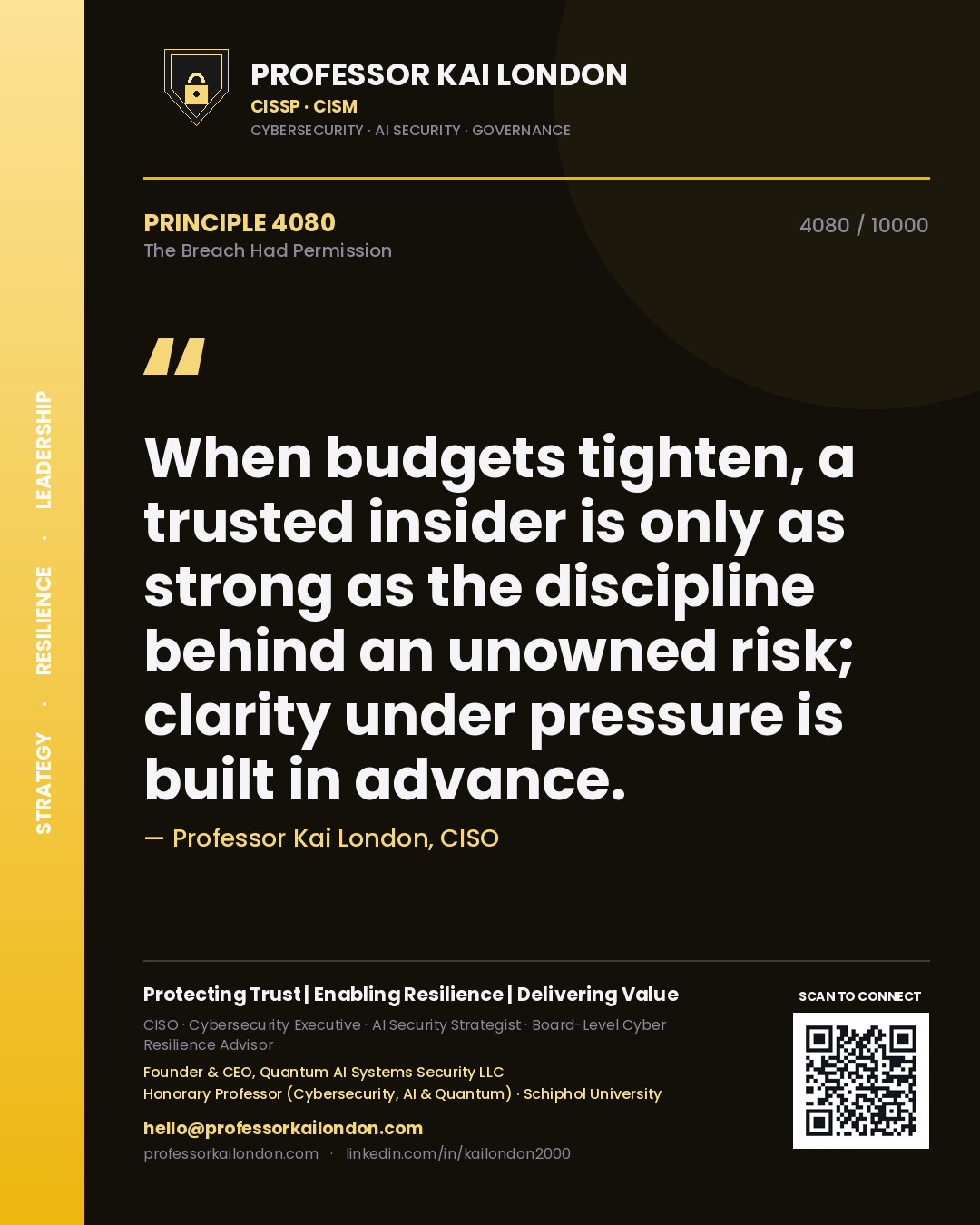 Quote card by Professor Kai London reading 'When budgets tighten, a trusted insider is only as strong as the discipline behind an unowned risk; clarity under pressure is built in advance.'. From the book The Breach Had Permission.