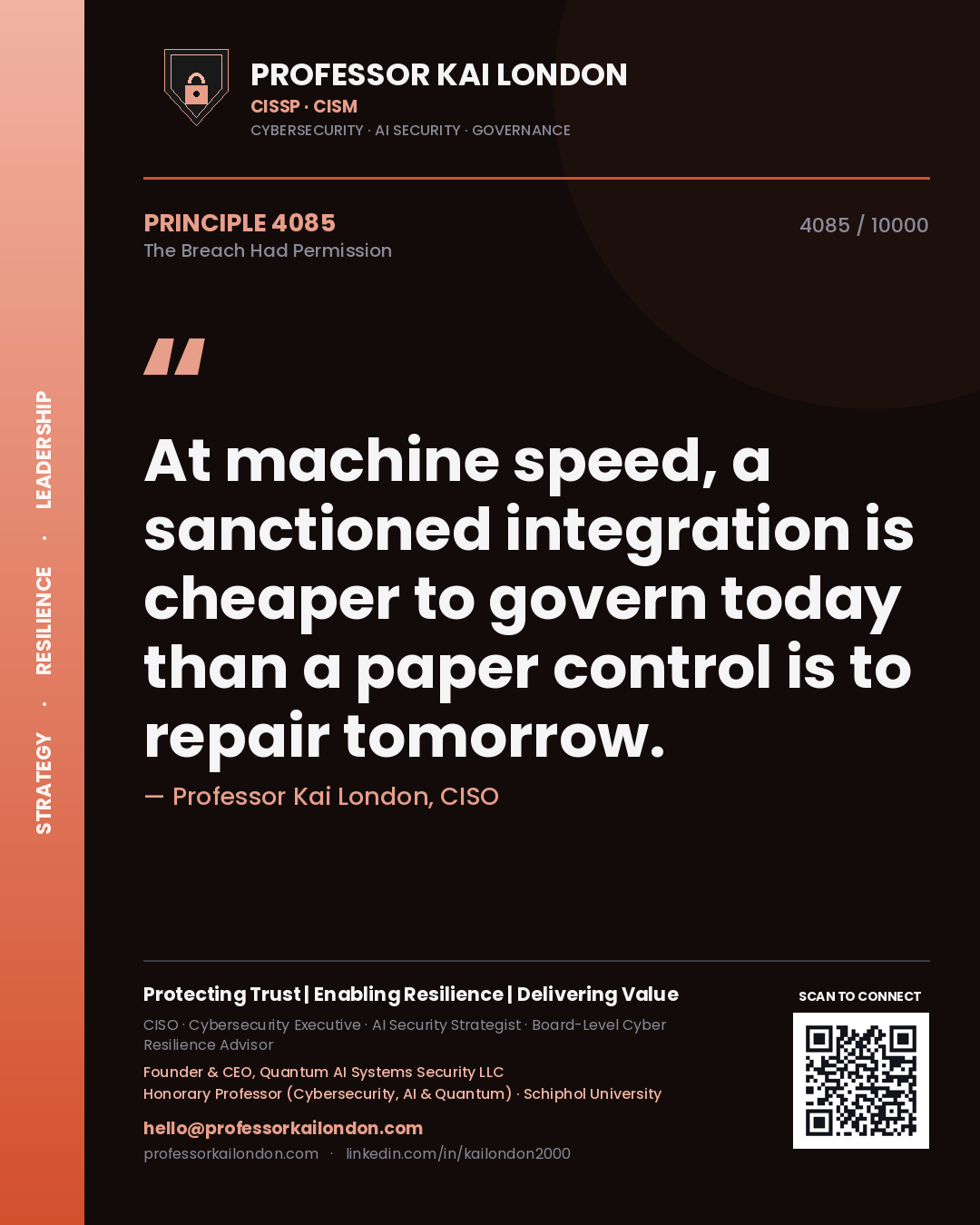 Quote card by Professor Kai London reading 'At machine speed, a sanctioned integration is cheaper to govern today than a paper control is to repair tomorrow.'. From the book The Breach Had Permission.