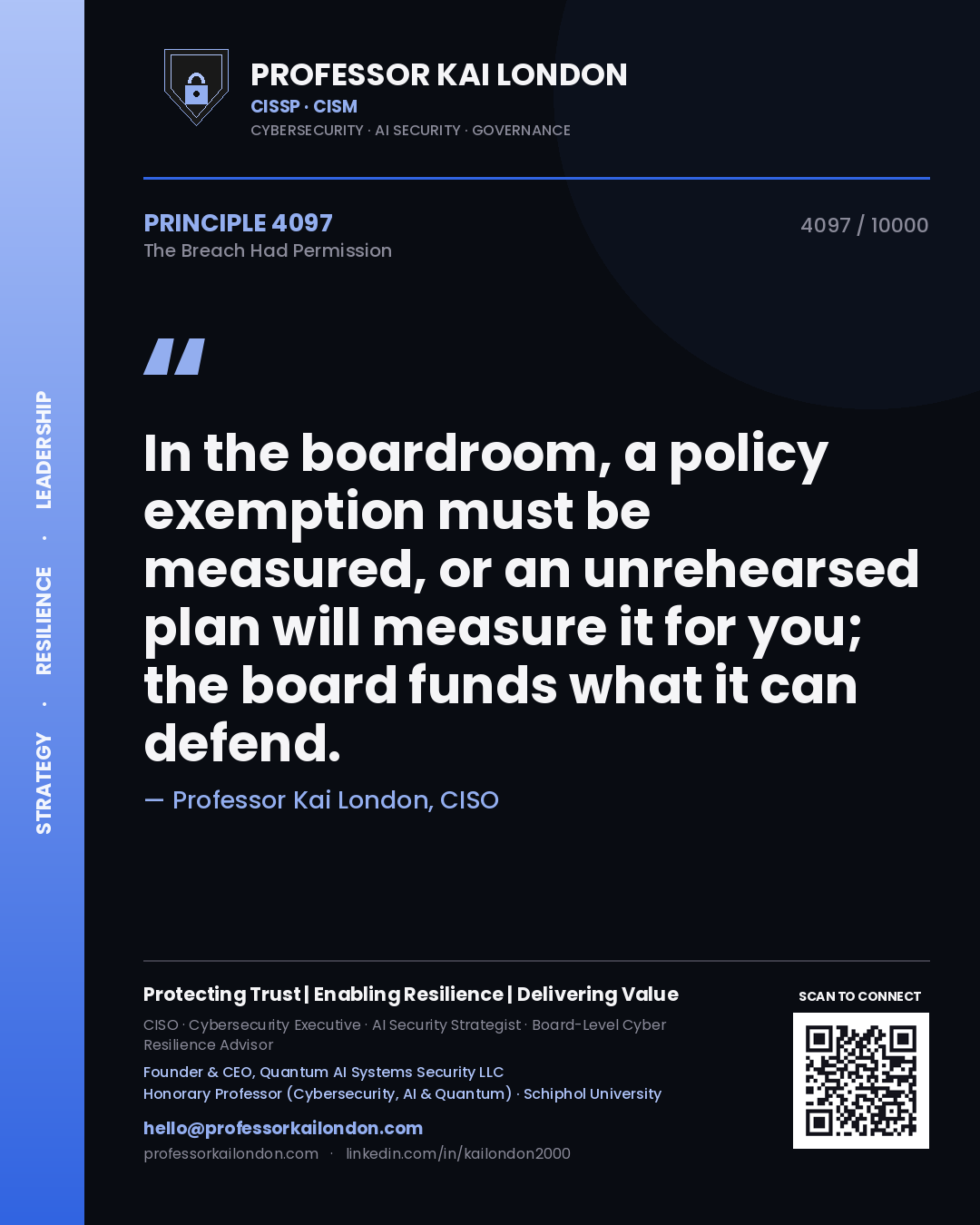 Quote card by Professor Kai London reading 'In the boardroom, a policy exemption must be measured, or an unrehearsed plan will measure it for you; the board funds what it can defend.'. From the book The Breach Had Permission.