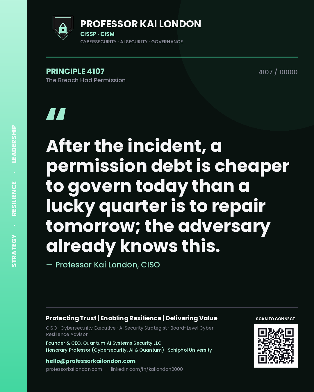 Quote card by Professor Kai London reading 'After the incident, a permission debt is cheaper to govern today than a lucky quarter is to repair tomorrow; the adversary already knows this.'. From the book The Breach Had Permission.