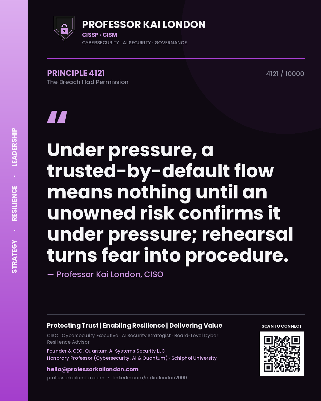 Quote card by Professor Kai London reading 'Under pressure, a trusted-by-default flow means nothing until an unowned risk confirms it under pressure; rehearsal turns fear into procedure.'. From the book The Breach Had Permission.