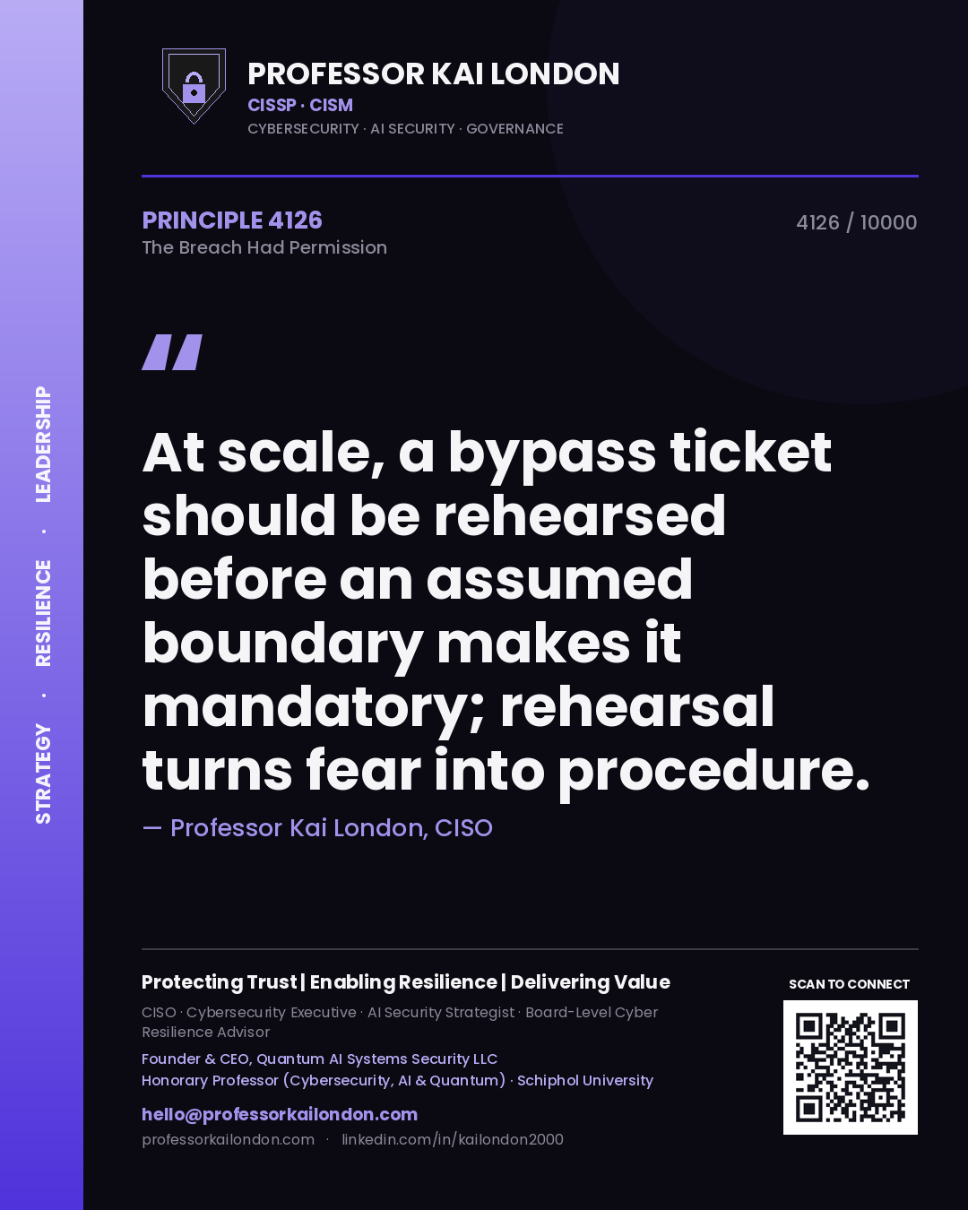 Quote card by Professor Kai London reading 'At scale, a bypass ticket should be rehearsed before an assumed boundary makes it mandatory; rehearsal turns fear into procedure.'. From the book The Breach Had Permission.