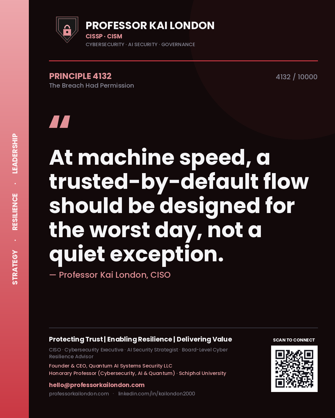 Quote card by Professor Kai London reading 'At machine speed, a trusted-by-default flow should be designed for the worst day, not a quiet exception.'. From the book The Breach Had Permission.
