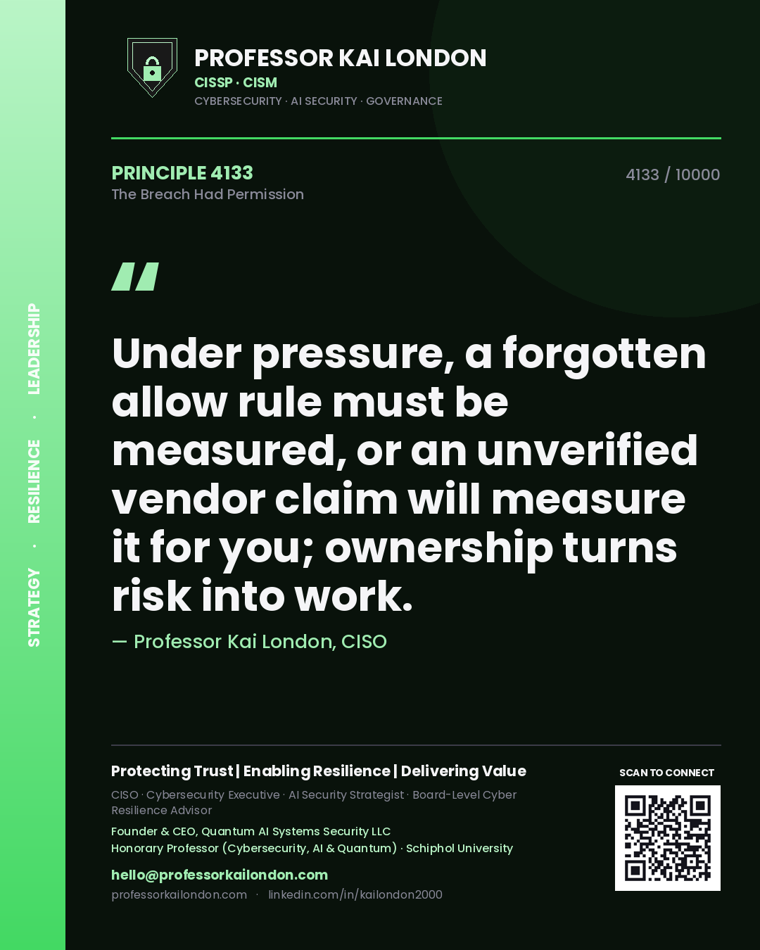 Quote card by Professor Kai London reading 'Under pressure, a forgotten allow rule must be measured, or an unverified vendor claim will measure it for you; ownership turns risk into work.'. From the book The Breach Had Permission.