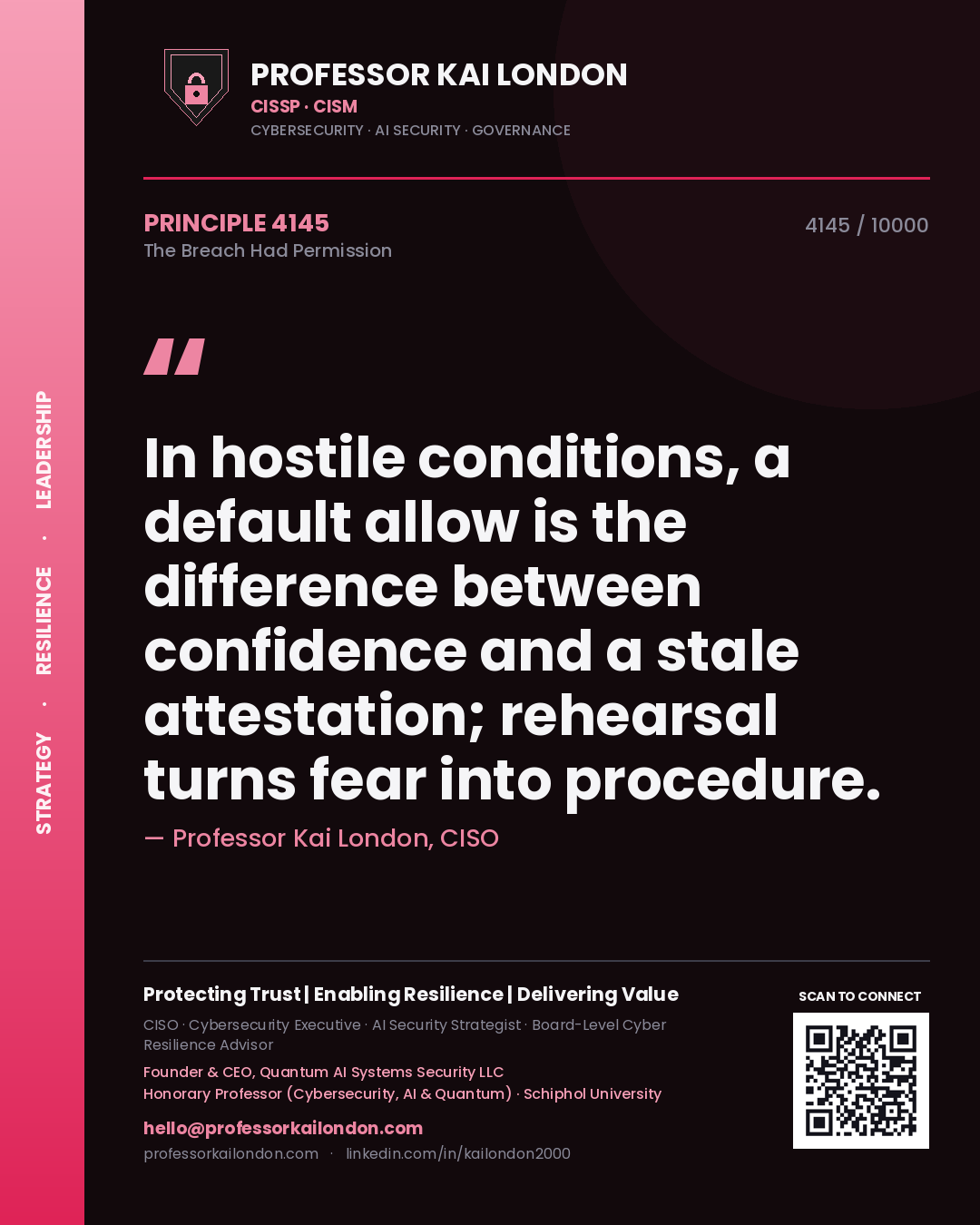 Quote card by Professor Kai London reading 'In hostile conditions, a default allow is the difference between confidence and a stale attestation; rehearsal turns fear into procedure.'. From the book The Breach Had Permission.