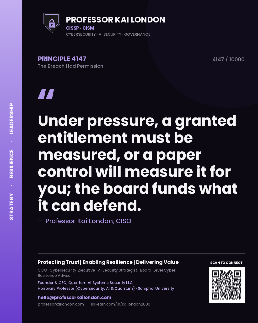 Quote card by Professor Kai London reading 'Under pressure, a granted entitlement must be measured, or a paper control will measure it for you; the board funds what it can defend.'. From the book The Breach Had Permission.