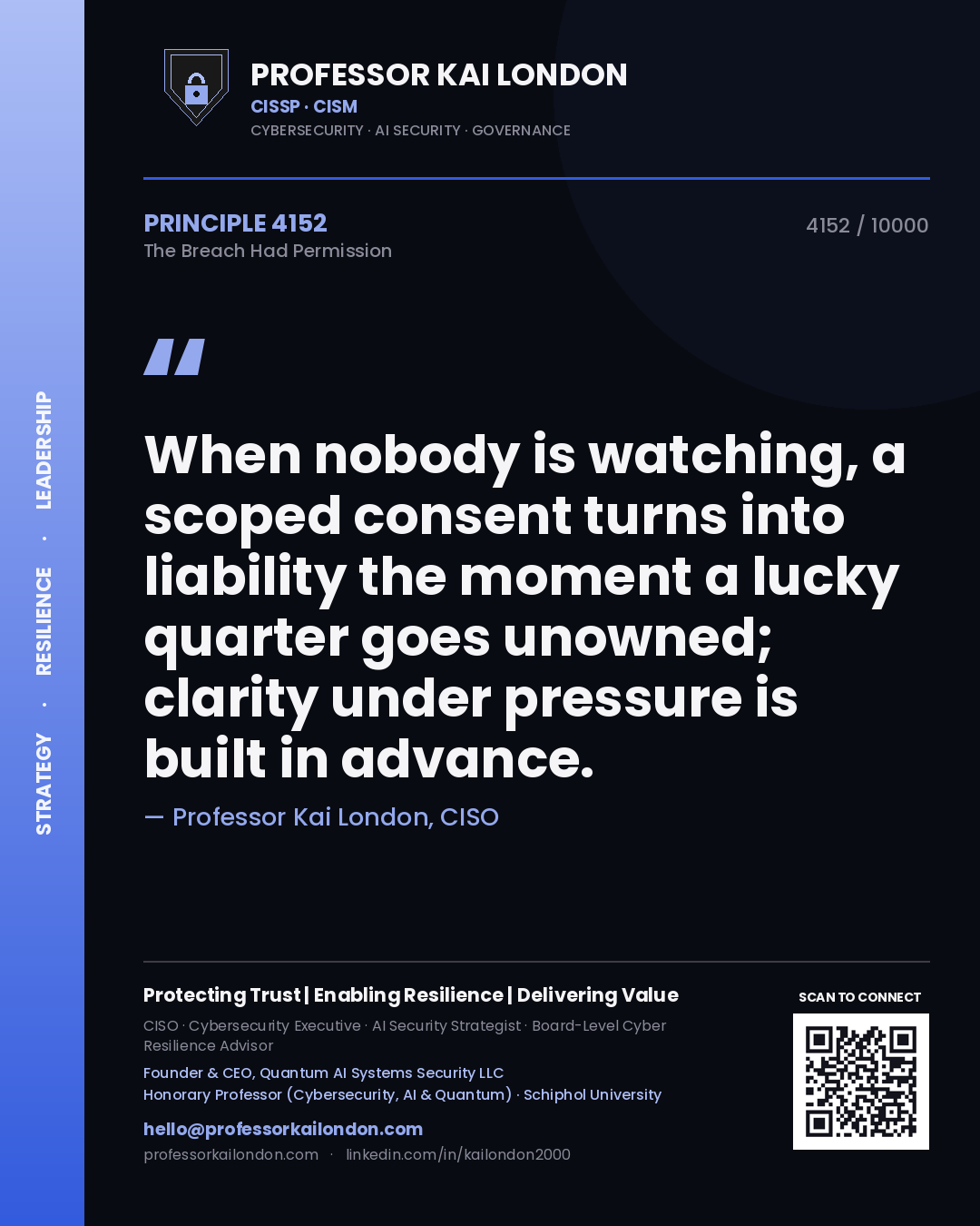 Quote card by Professor Kai London reading 'When nobody is watching, a scoped consent turns into liability the moment a lucky quarter goes unowned; clarity under pressure is built in advance.'. From the book The Breach Had Permission.