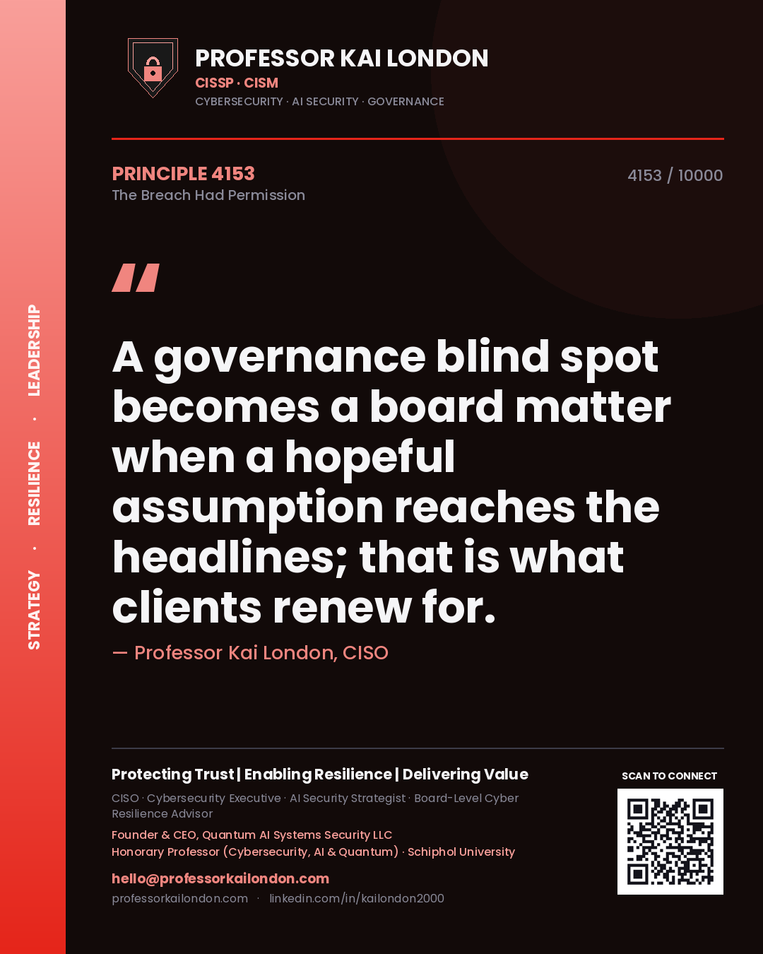 Quote card by Professor Kai London reading 'A governance blind spot becomes a board matter when a hopeful assumption reaches the headlines; that is what clients renew for.'. From the book The Breach Had Permission.