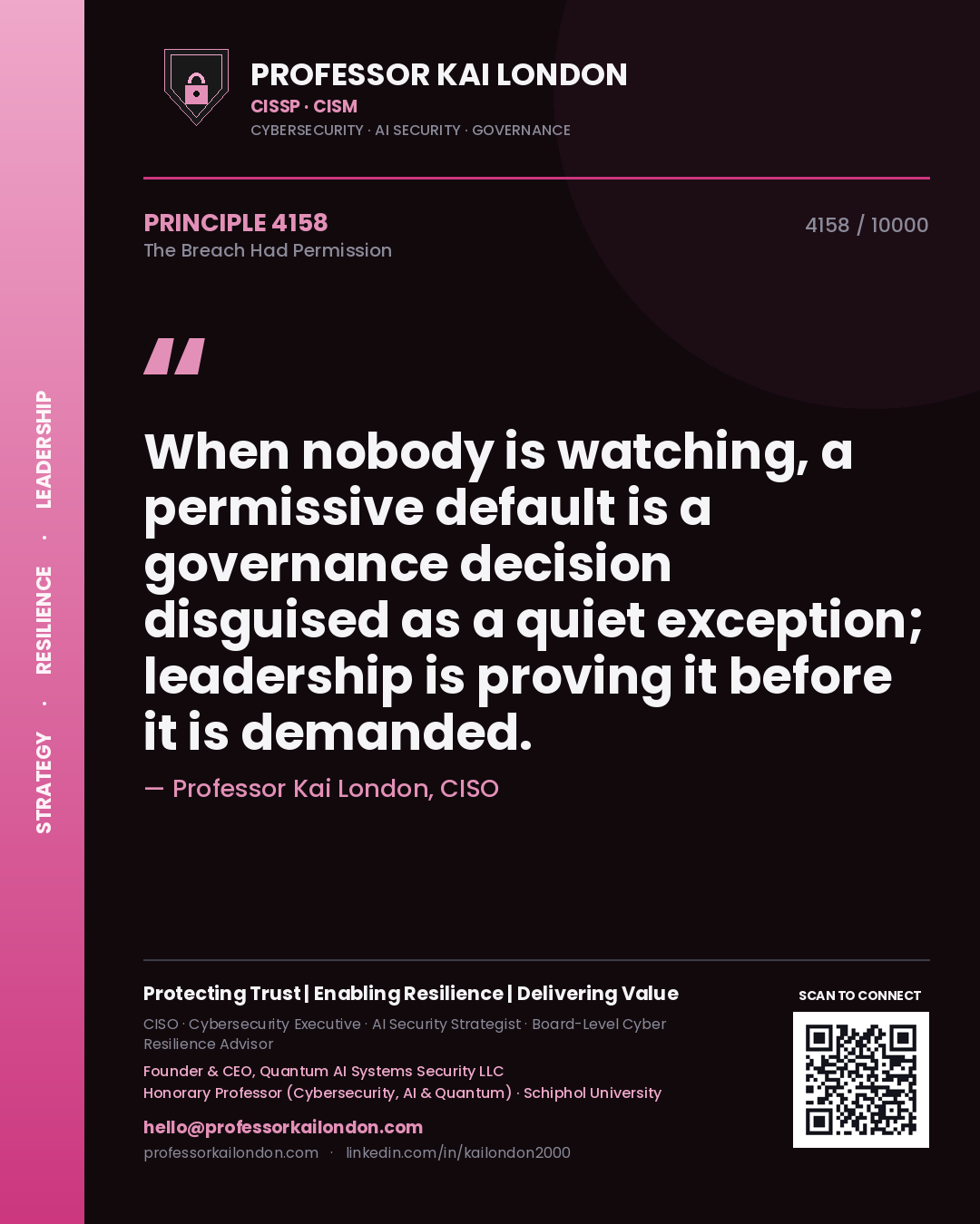 Quote card by Professor Kai London reading 'When nobody is watching, a permissive default is a governance decision disguised as a quiet exception; leadership is proving it before it is demanded.'. From the book The Breach Had Permission.