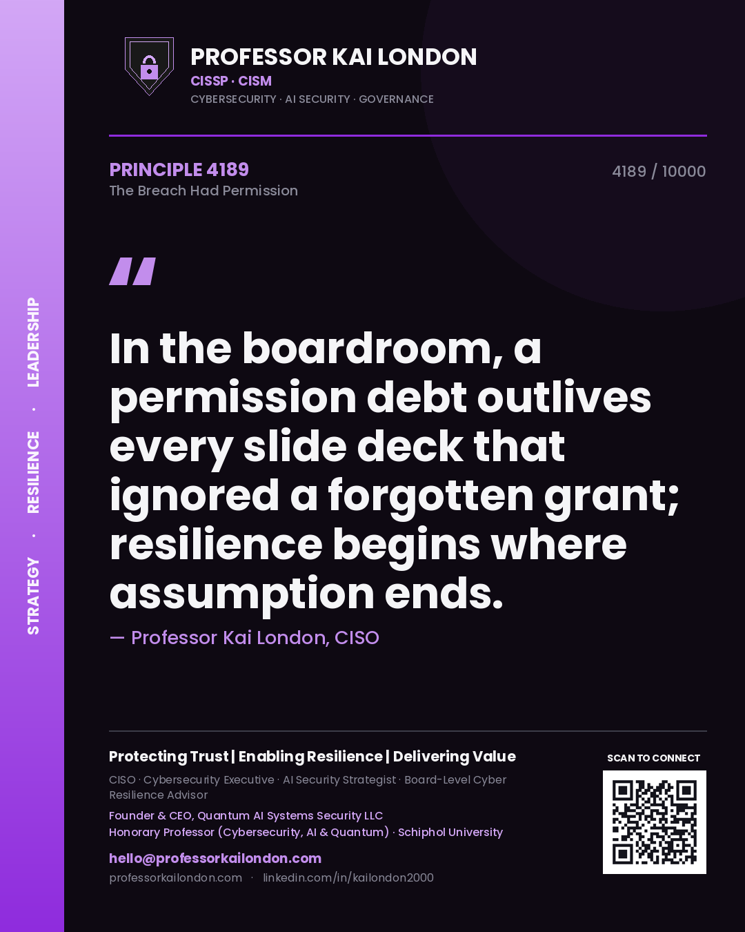 Quote card by Professor Kai London reading 'In the boardroom, a permission debt outlives every slide deck that ignored a forgotten grant; resilience begins where assumption ends.'. From the book The Breach Had Permission.