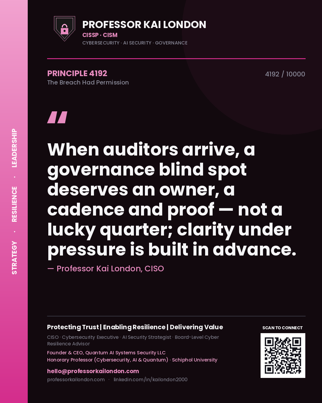 Quote card by Professor Kai London reading 'When auditors arrive, a governance blind spot deserves an owner, a cadence and proof — not a lucky quarter; clarity under pressure is built in advance.'. From the book The Breach Had Permission.