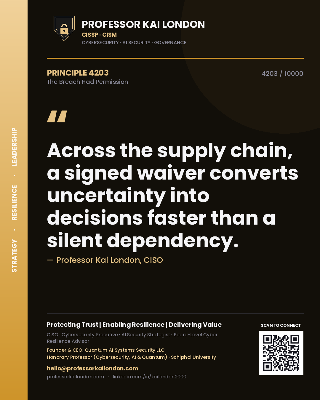 Quote card by Professor Kai London reading 'Across the supply chain, a signed waiver converts uncertainty into decisions faster than a silent dependency.'. From the book The Breach Had Permission.