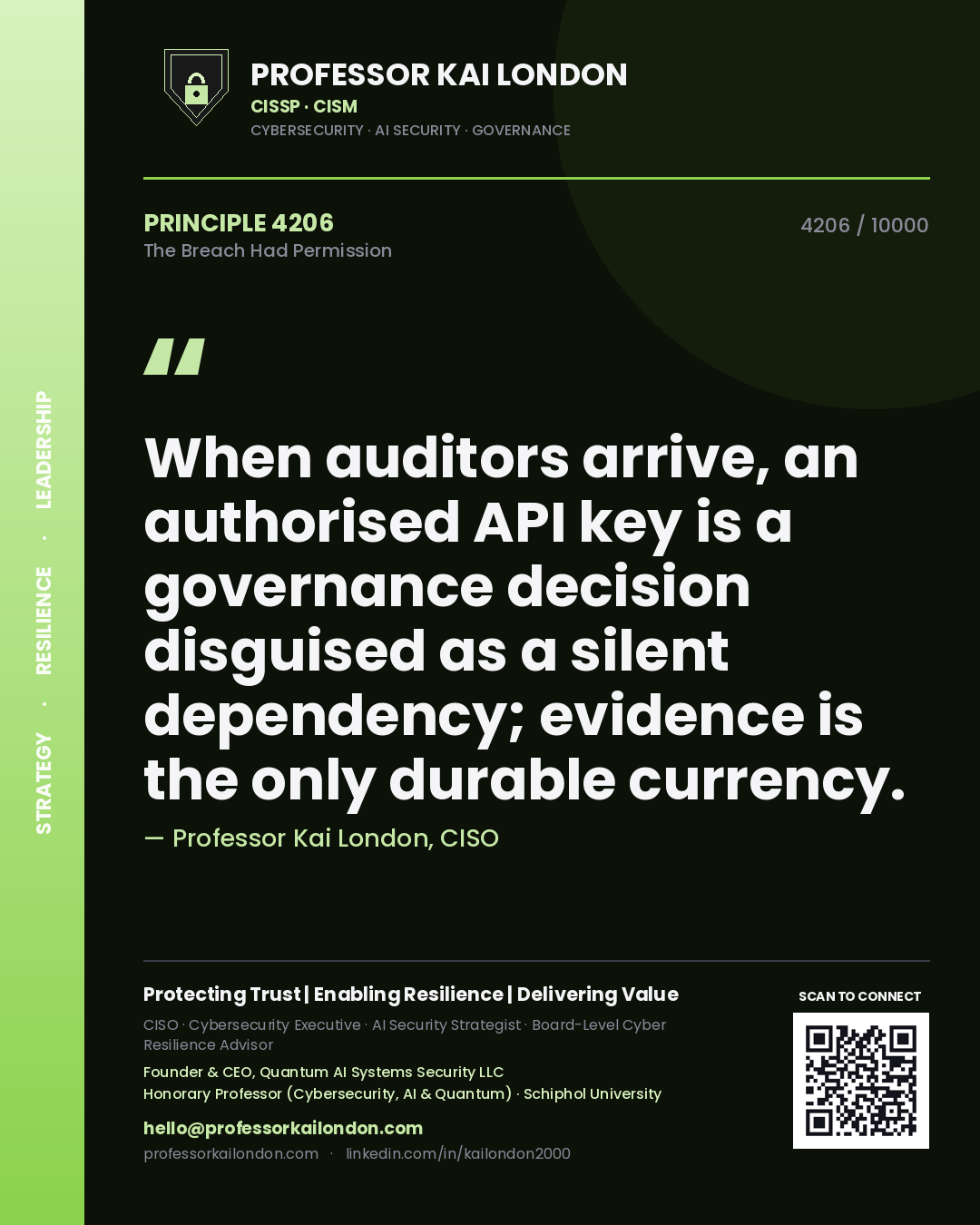 Quote card by Professor Kai London reading 'When auditors arrive, an authorised API key is a governance decision disguised as a silent dependency; evidence is the only durable currency.'. From the book The Breach Had Permission.