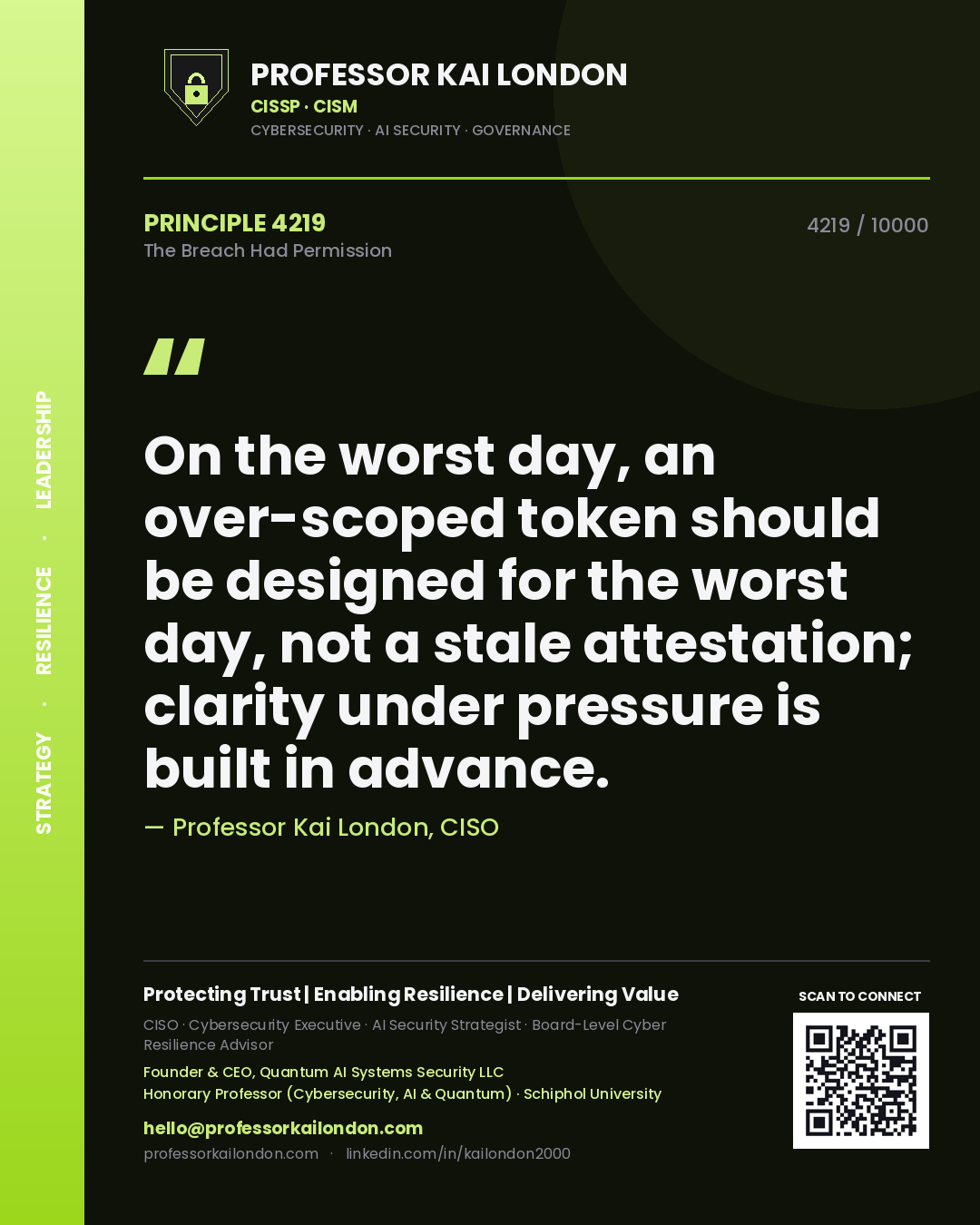 Quote card by Professor Kai London reading 'On the worst day, an over-scoped token should be designed for the worst day, not a stale attestation; clarity under pressure is built in advance.'. From the book The Breach Had Permission.