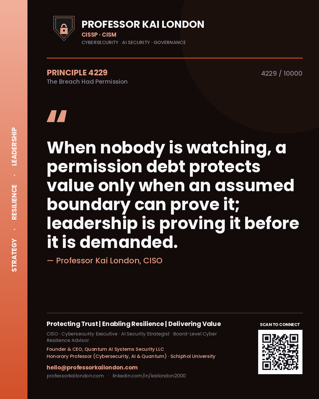 Professor Kai London principle 4229: When nobody is watching, a permission debt protects value only when an assumed boundary can prove it; leadership is proving it before it is demanded.