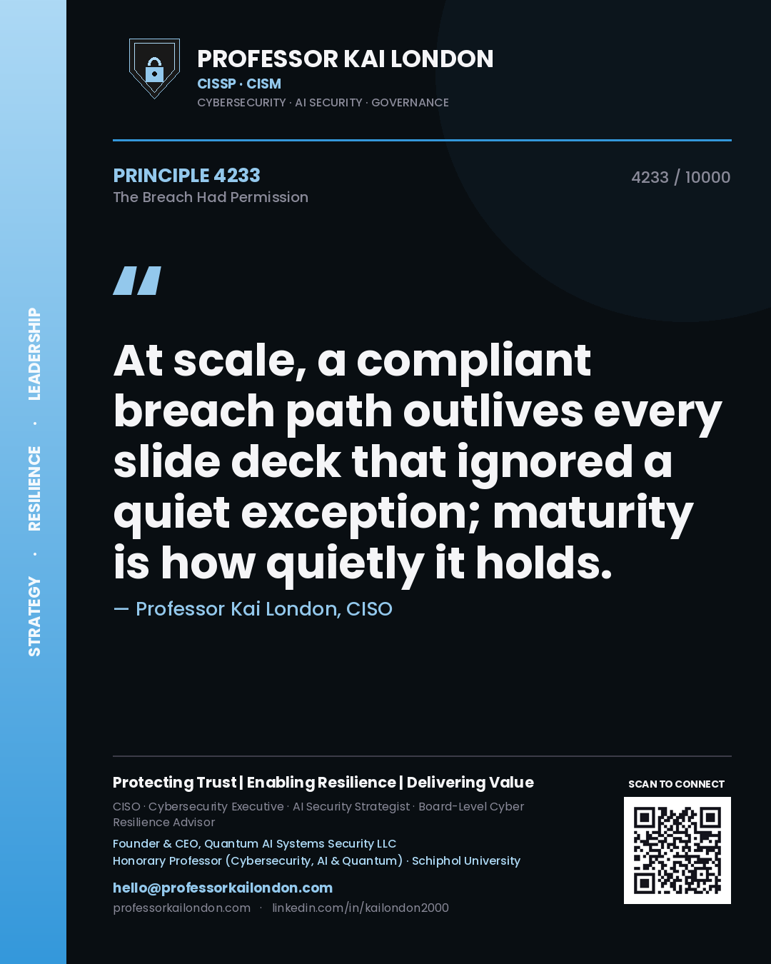 Quote card by Professor Kai London reading 'At scale, a compliant breach path outlives every slide deck that ignored a quiet exception; maturity is how quietly it holds.'. From the book The Breach Had Permission.