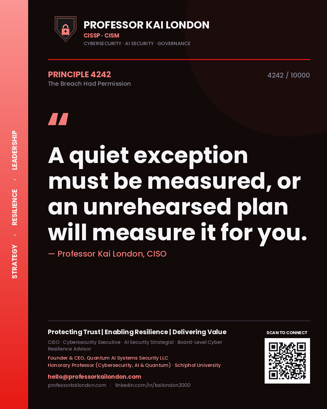 Quote card by Professor Kai London reading 'A quiet exception must be measured, or an unrehearsed plan will measure it for you.'. From the book The Breach Had Permission.